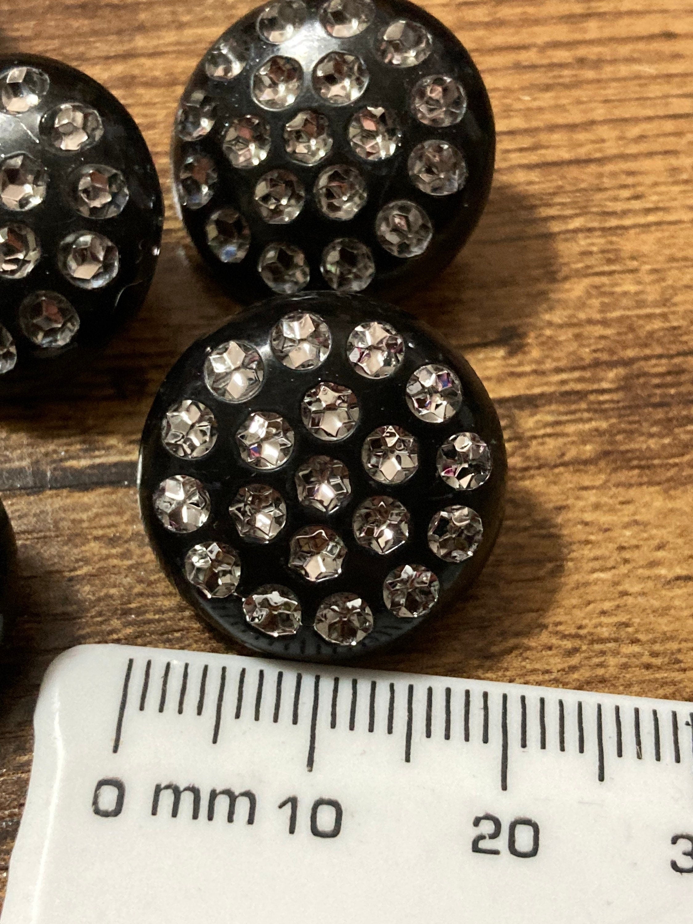 20mm black plastic clear glass diamanté buttons, Set of 6