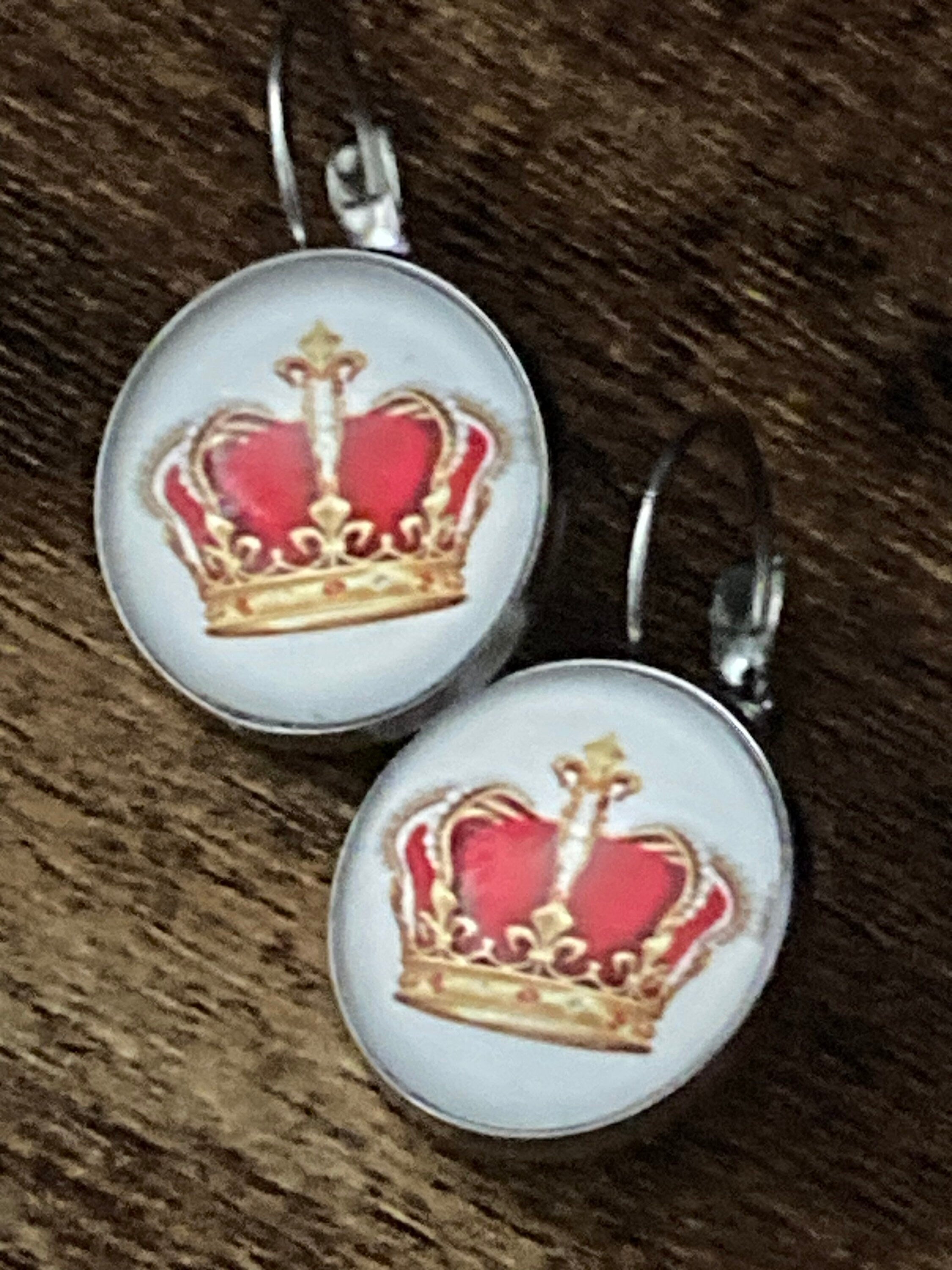 Red and gold royal crown drop earrings lever back silver tone