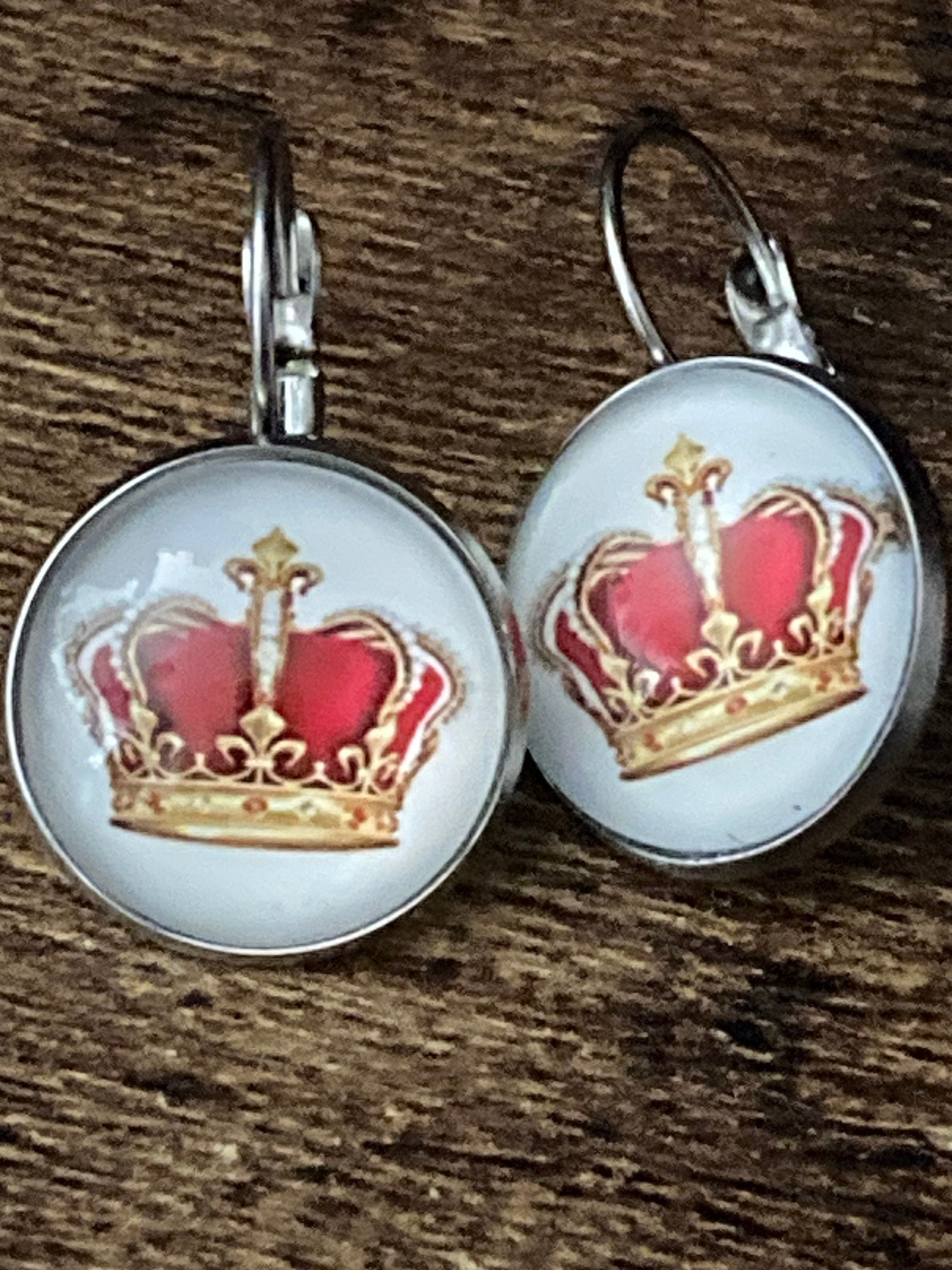 Red and gold royal crown drop earrings lever back silver tone