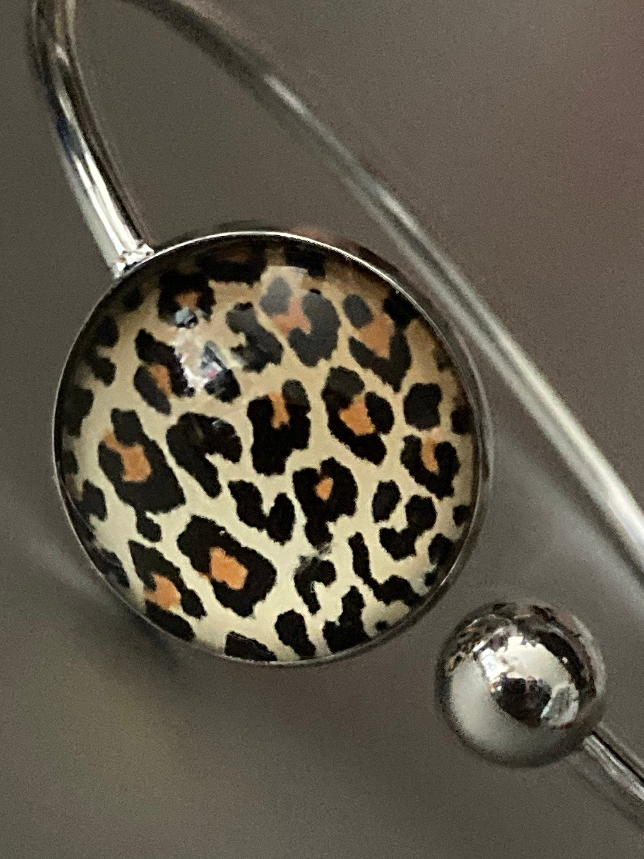 Leopard print cabochon bangle bracelet, stainless steel glass
