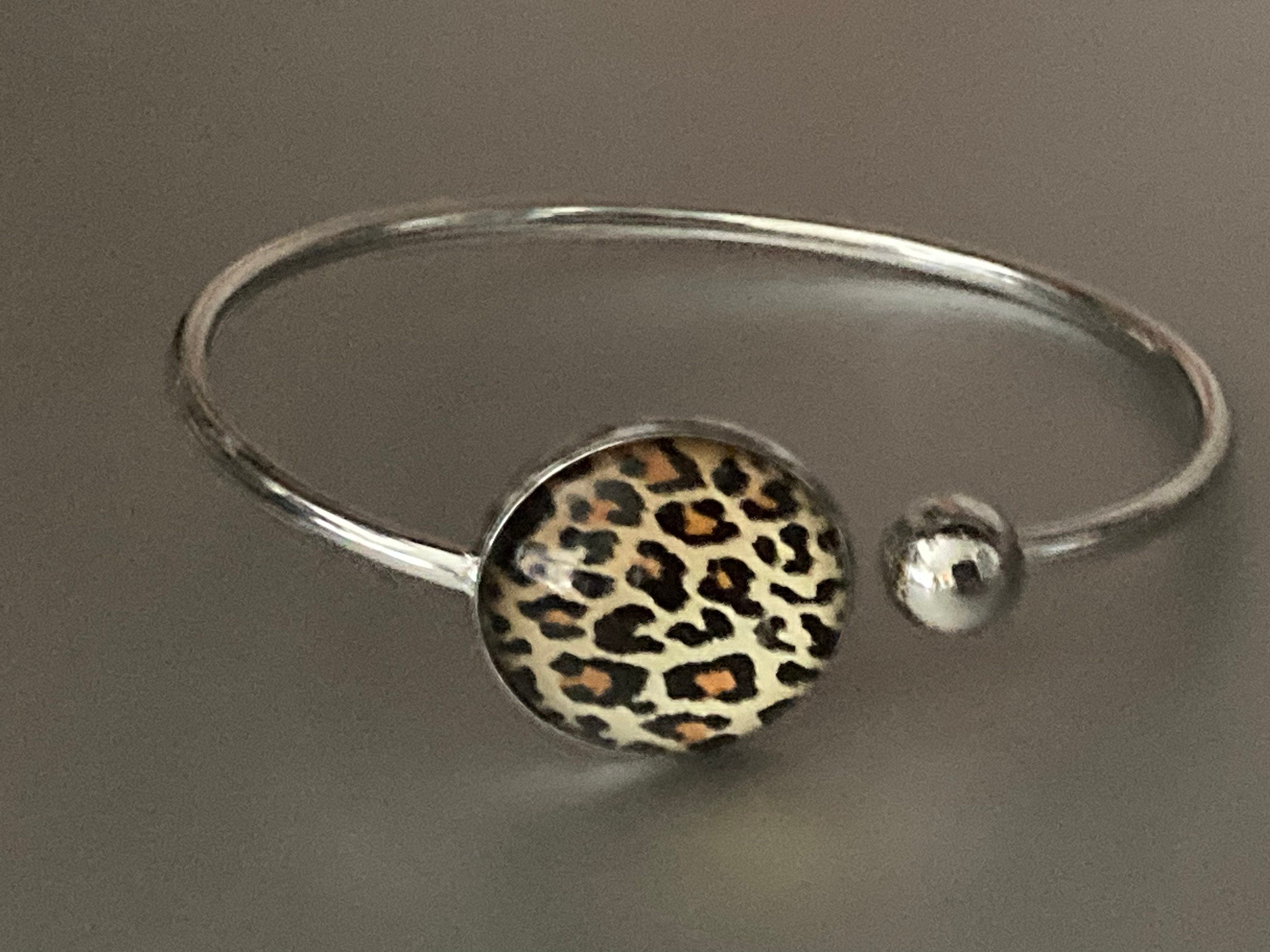 Leopard print cabochon bangle bracelet, stainless steel glass