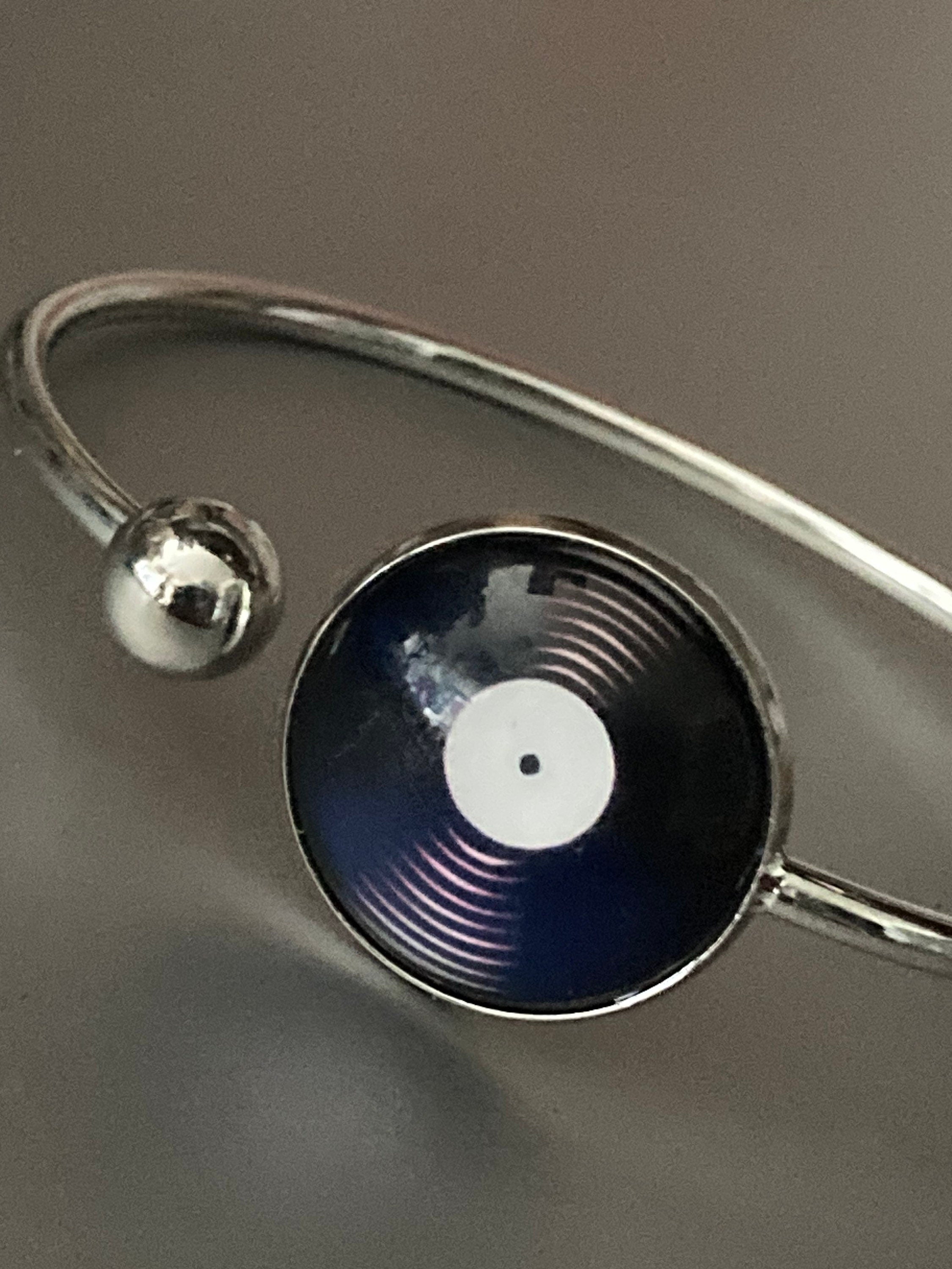 DJ vinyl record bangle stainless steel glass cabochon bracelet 45rpm