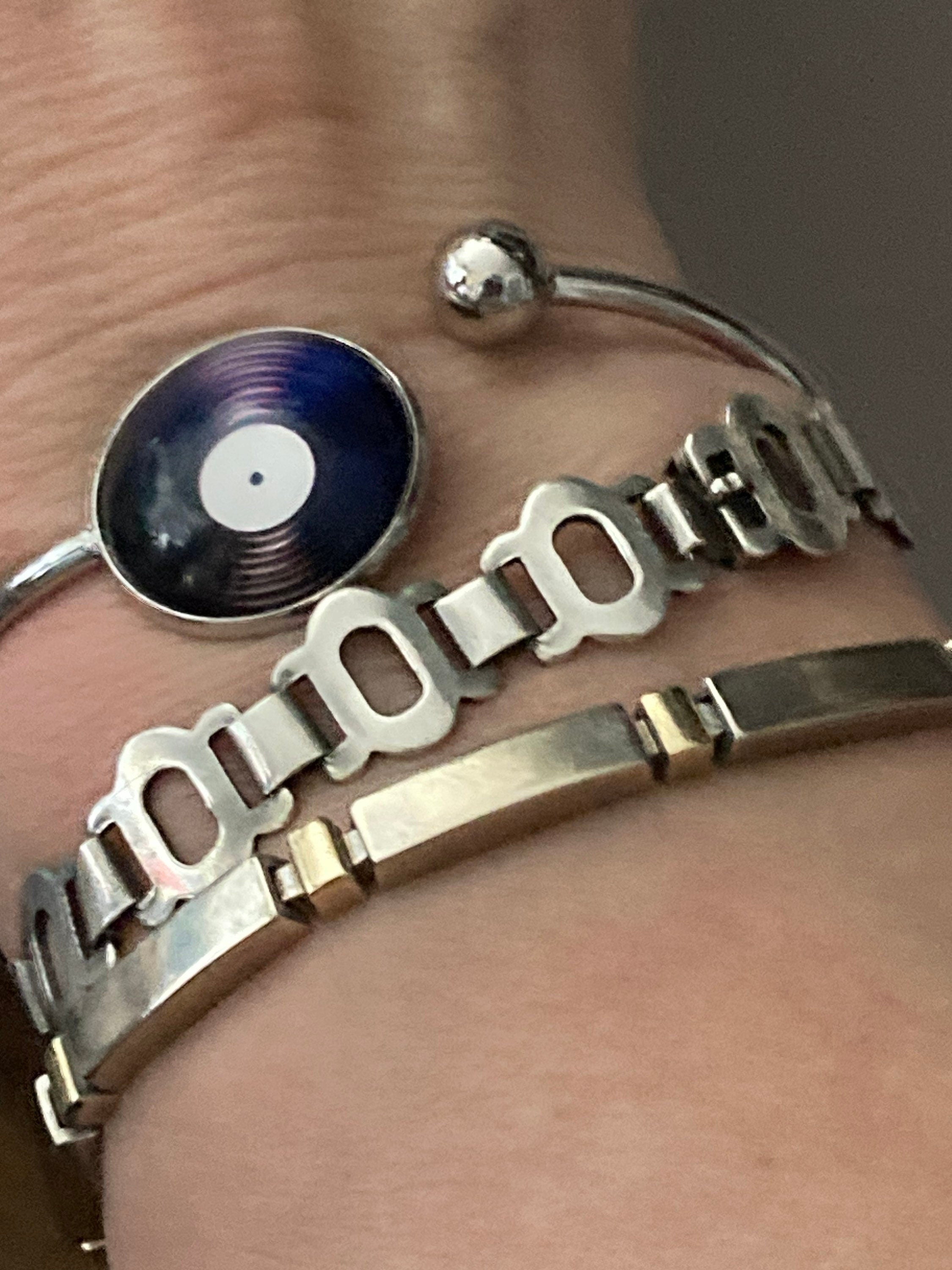 DJ vinyl record bangle stainless steel glass cabochon bracelet 45rpm