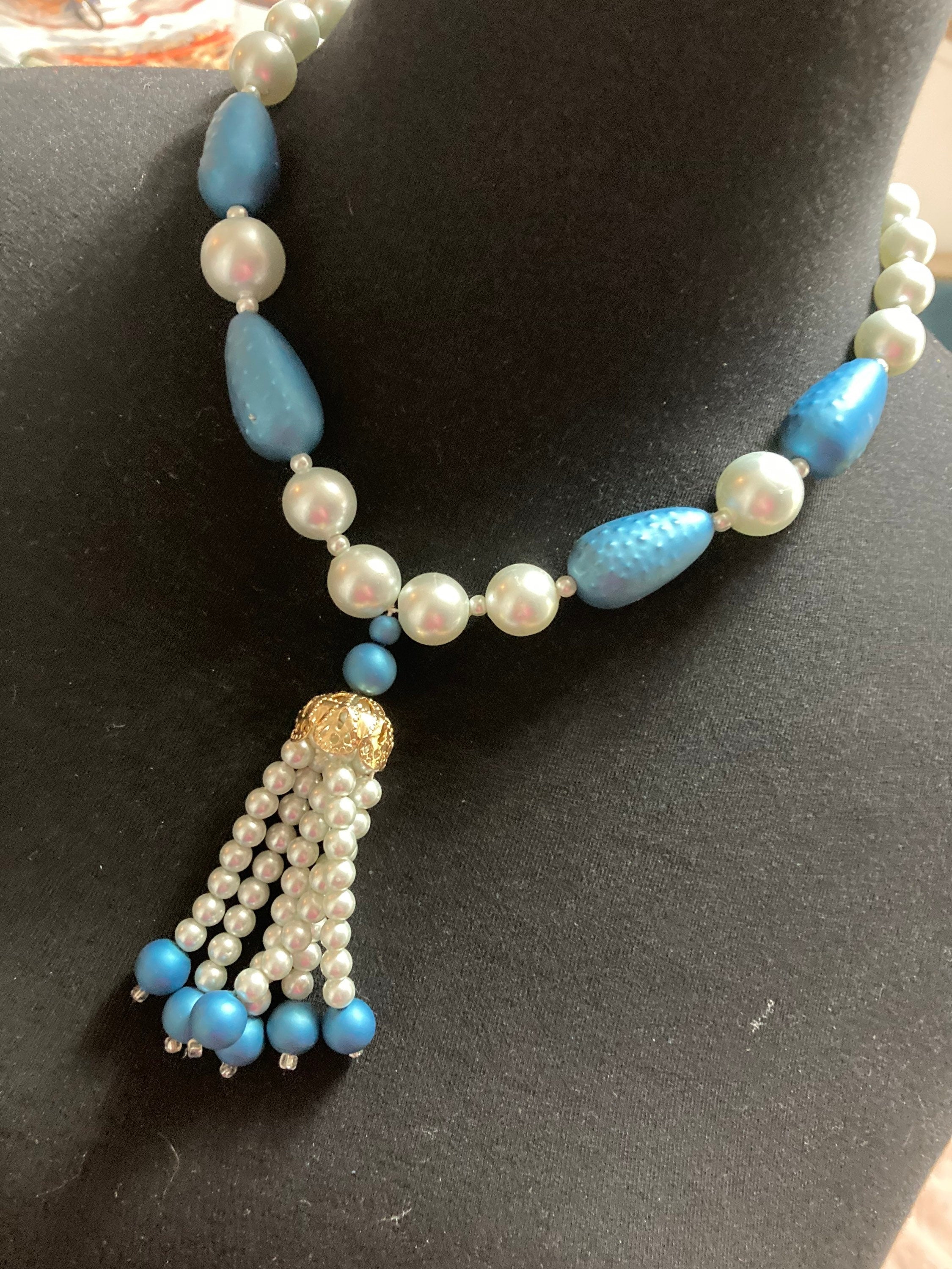 Mid century teal blue grey faux pearl plastic beaded multi strand tassel necklace