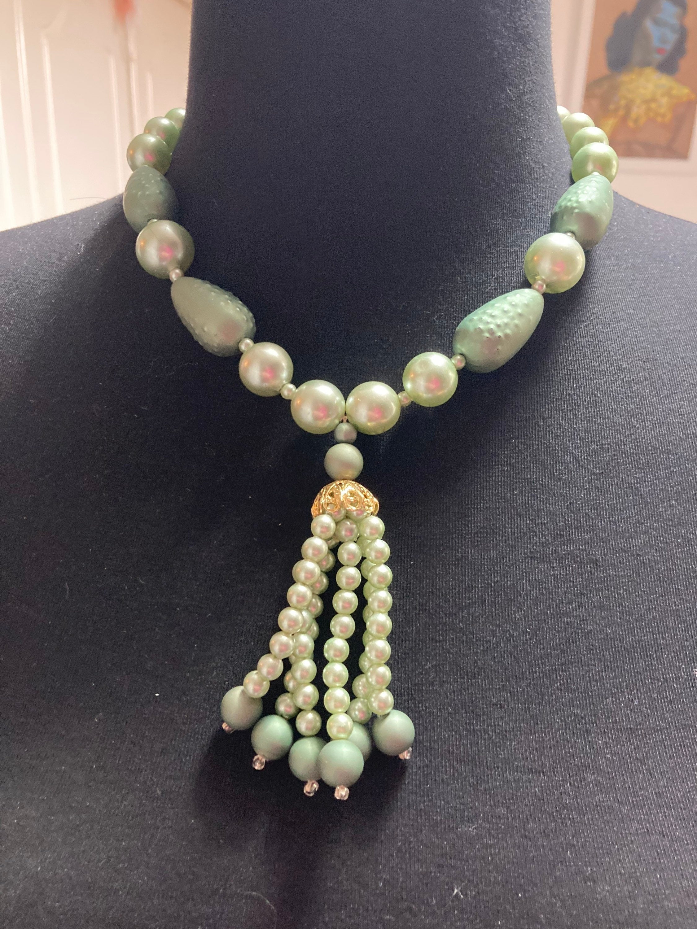 Vintage olive green pearl beaded multi strand tassel necklace