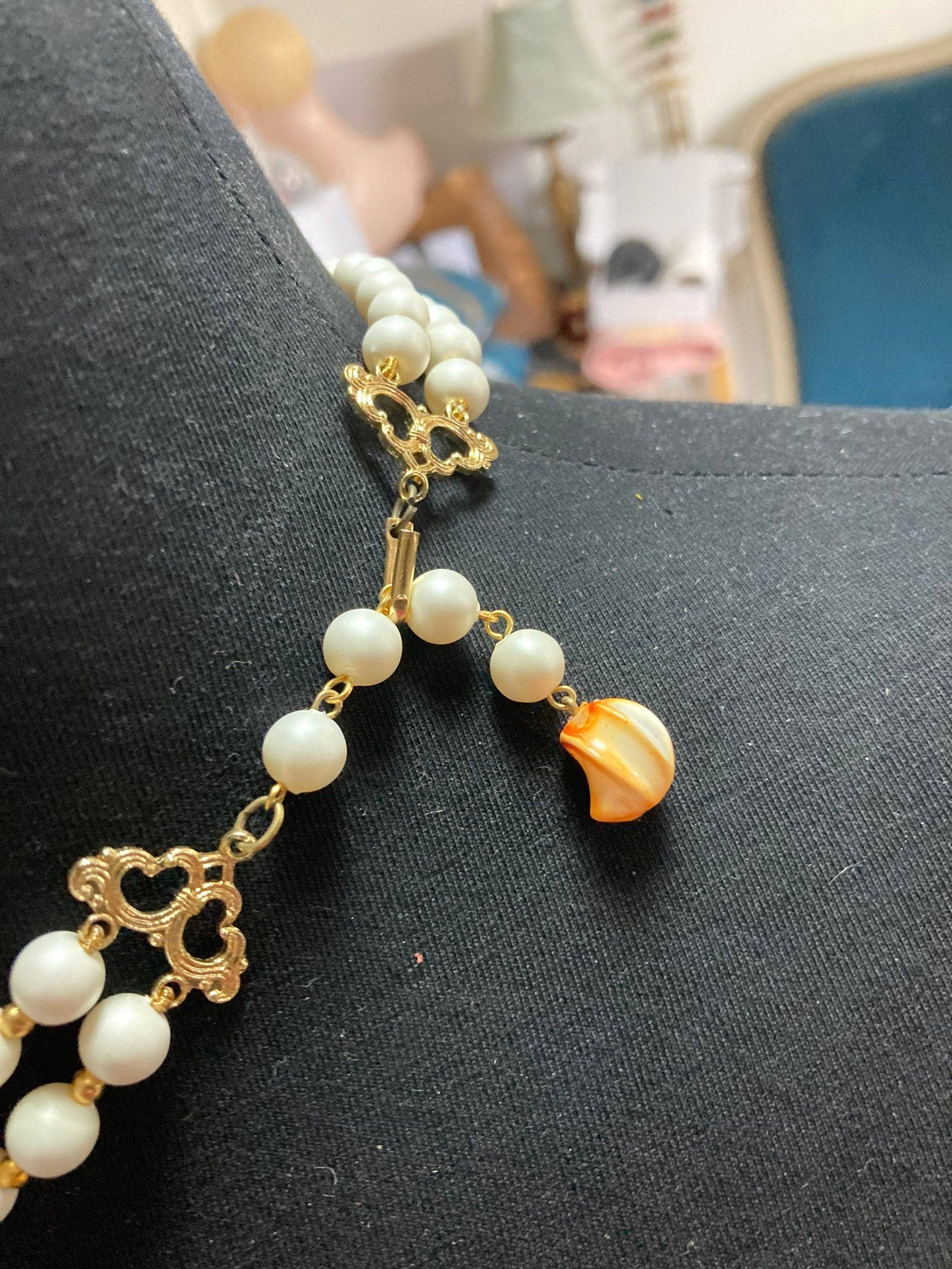 plastic beaded multi strand choker necklace, Mid century orange peach white