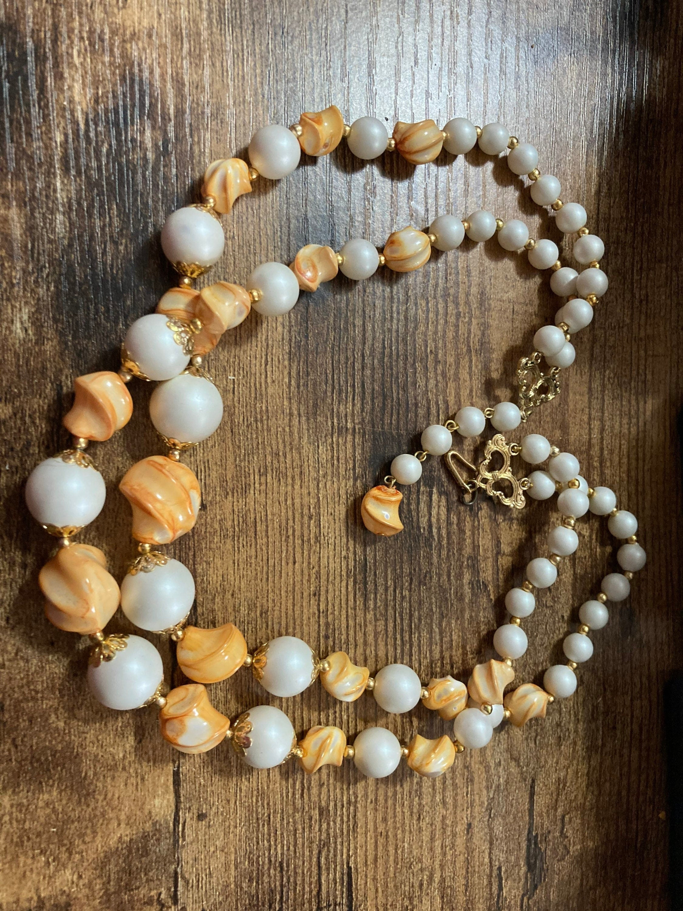 plastic beaded multi strand choker necklace, Mid century orange peach white