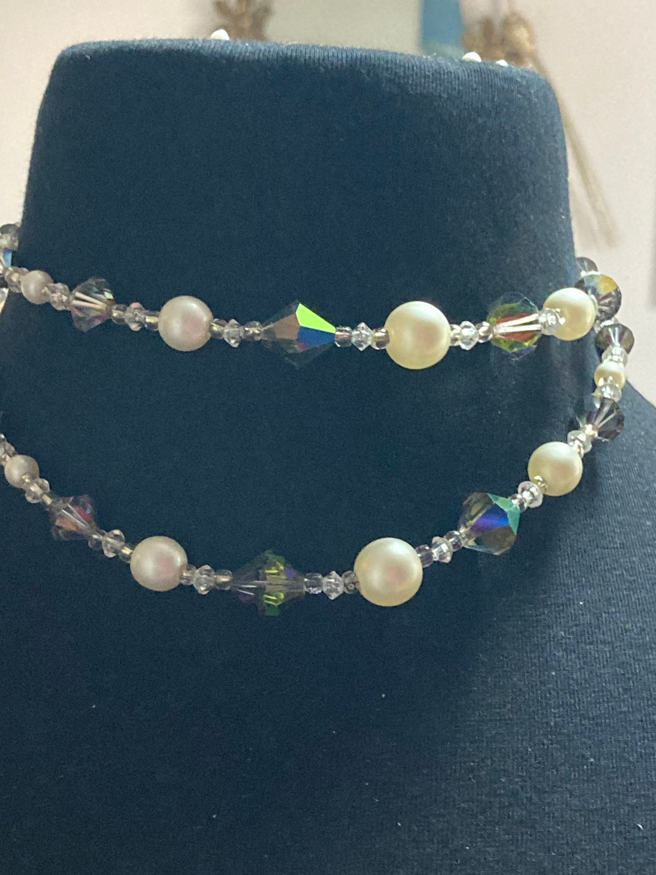 Mid Century Faux Pearl Choker: Rainbow Glass Necklace