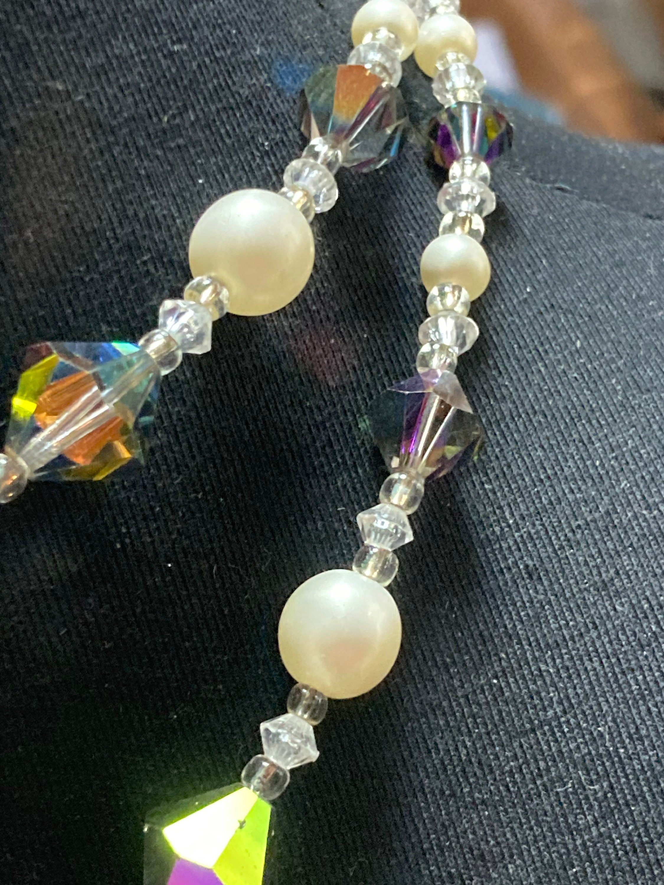 Mid Century Faux Pearl Choker: Rainbow Glass Necklace