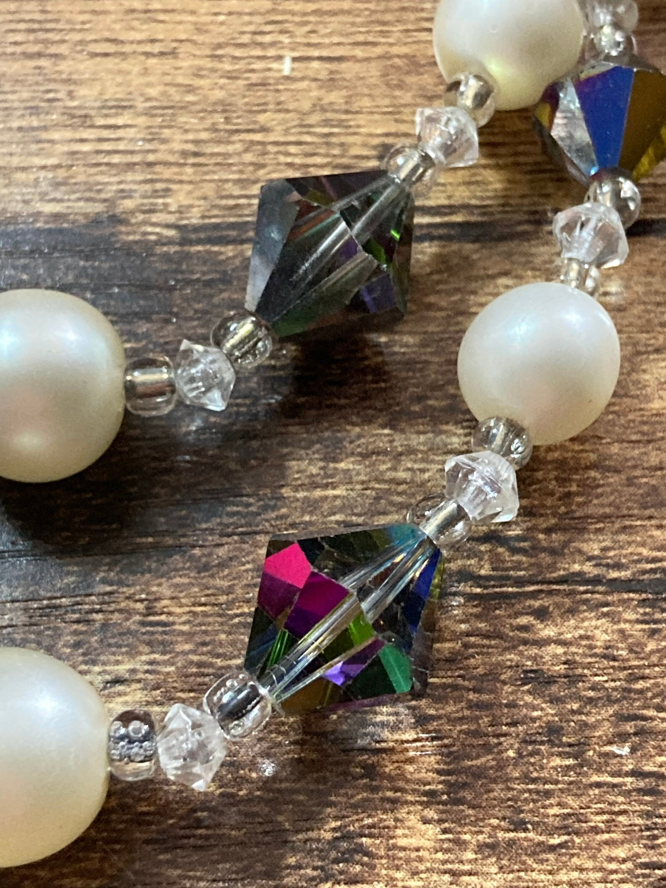 Mid Century Faux Pearl Choker: Rainbow Glass Necklace