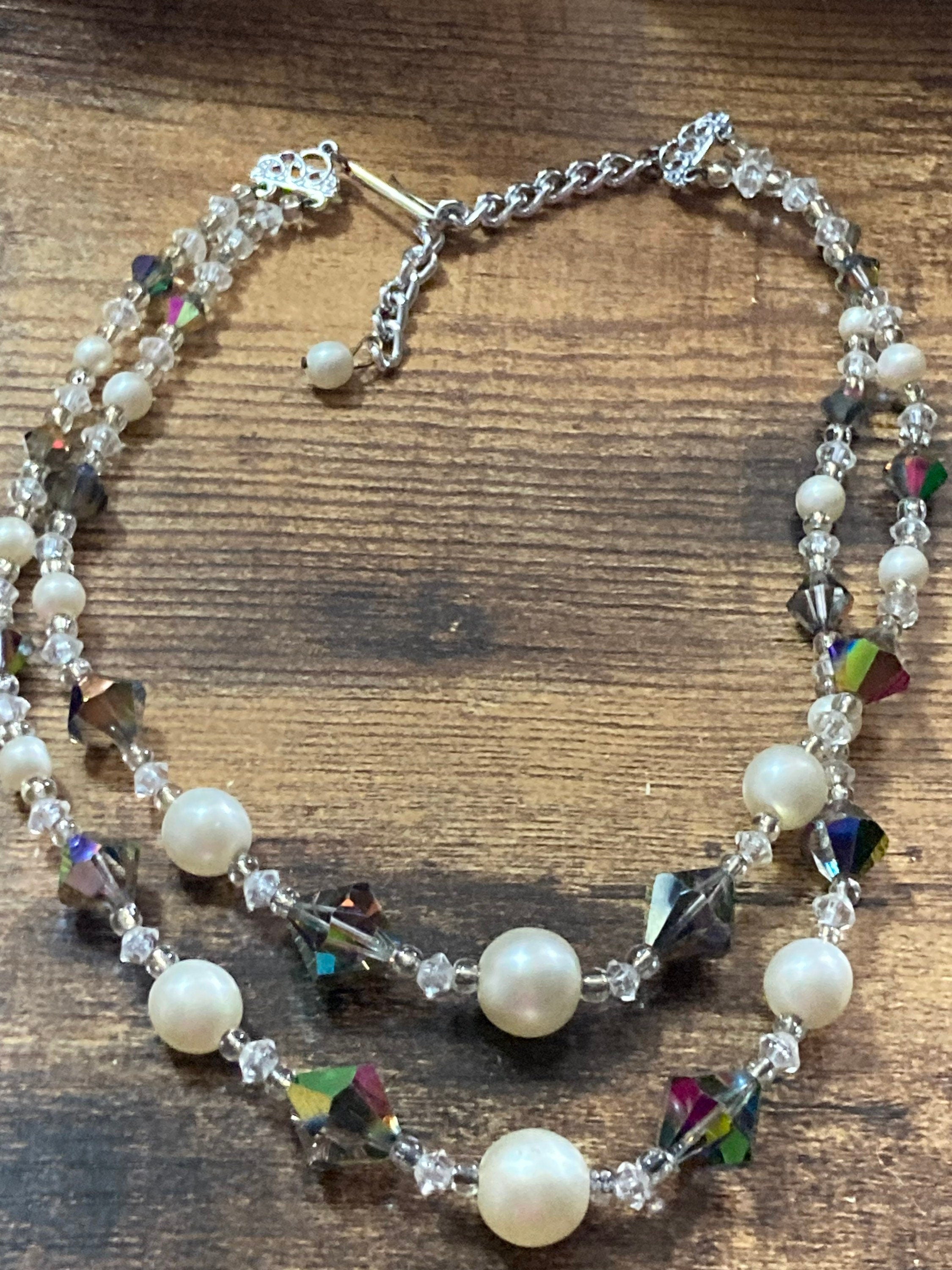 Mid Century Faux Pearl Choker: Rainbow Glass Necklace