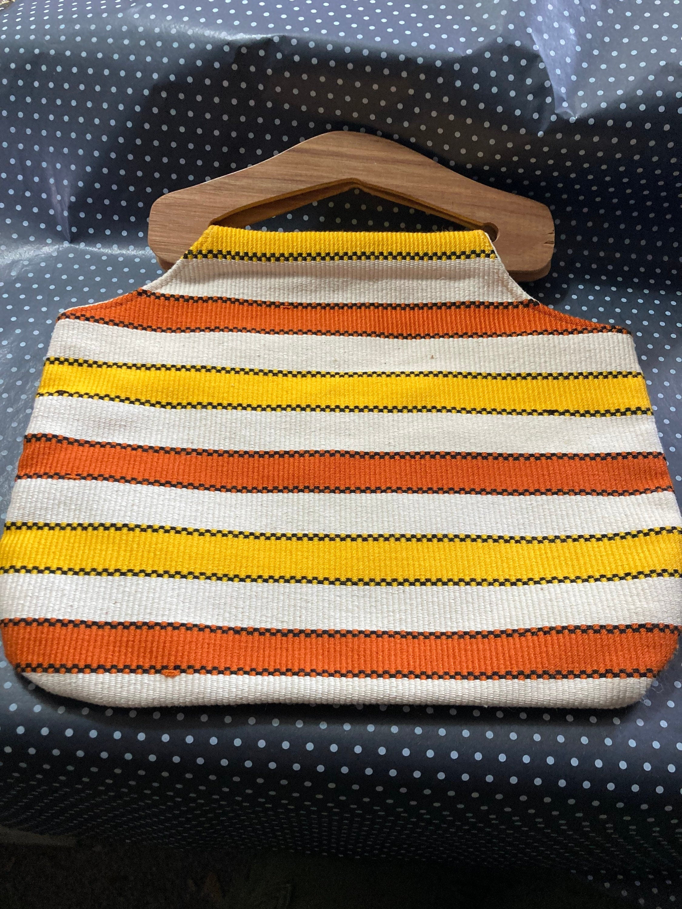 Vintage summer handbag with wooden handles orange yellow