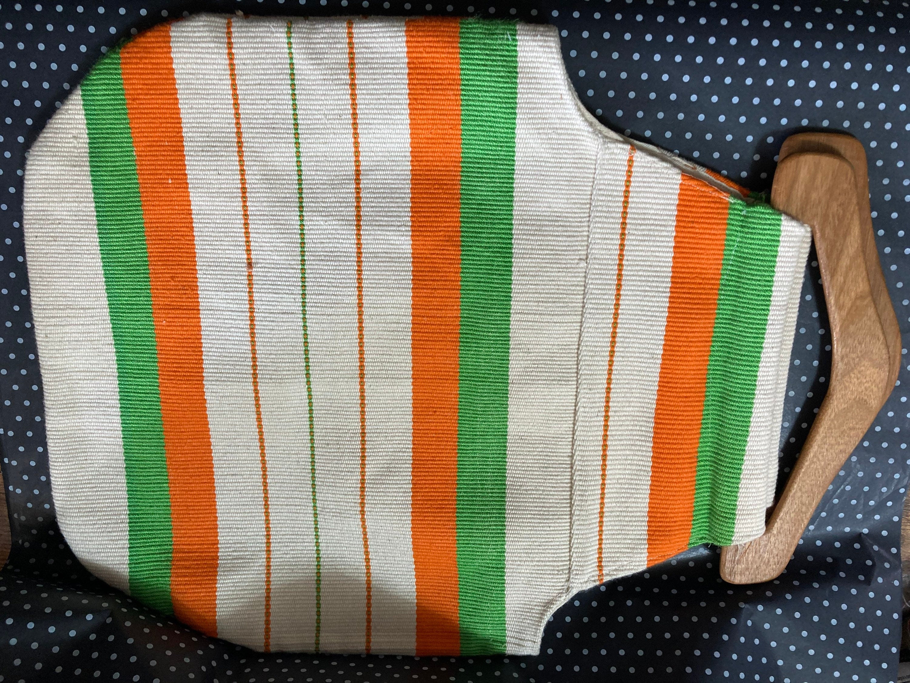 Vintage summer handbag with wooden handles orange green beige