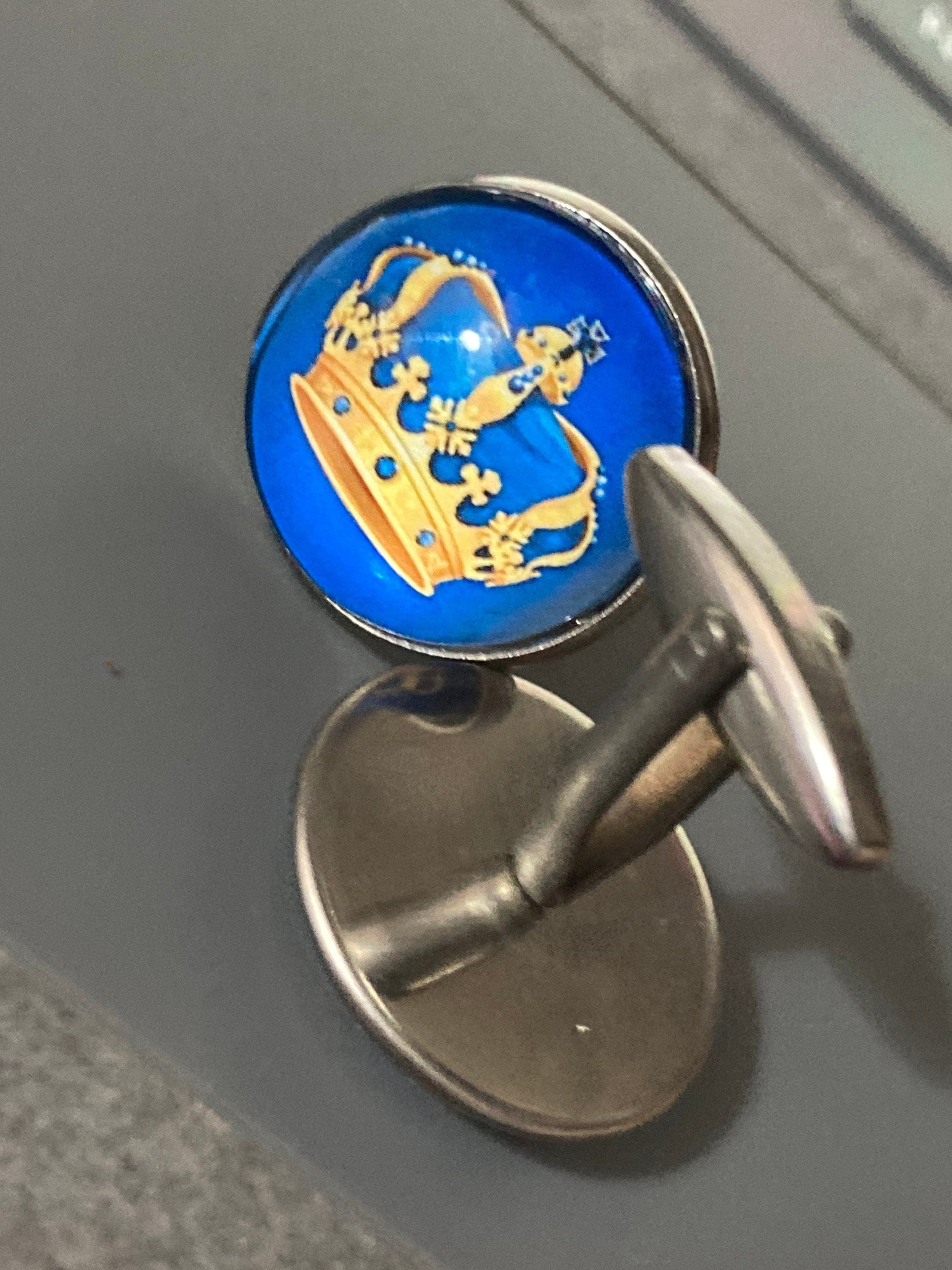 Regal golden crown cufflinks 20mm blue stainless steel