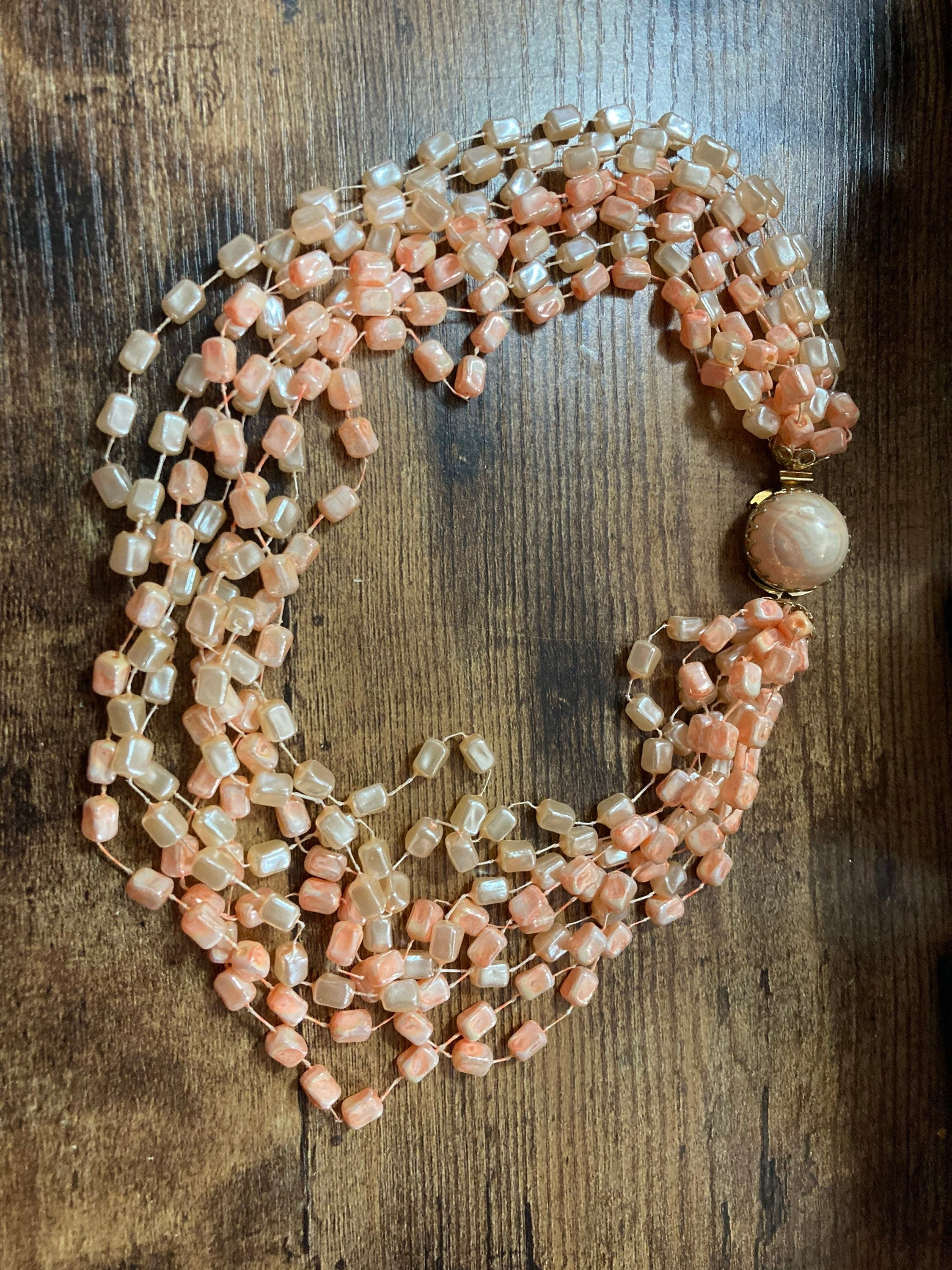 Mid century orange peach pink faux pearl square plastic beaded multi strand choker necklace