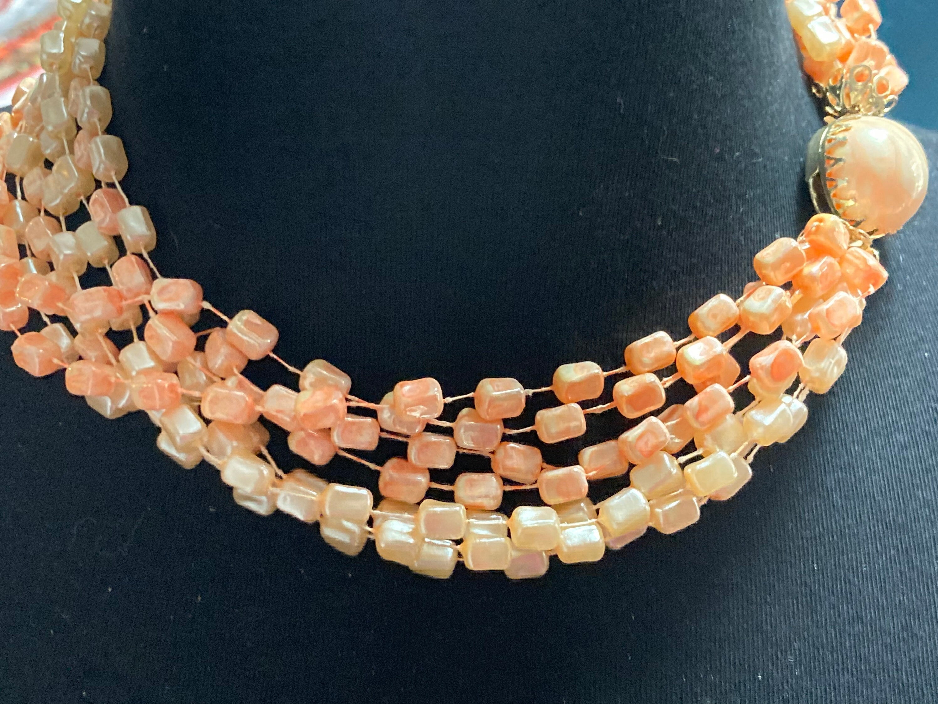 Mid century orange peach pink faux pearl square plastic beaded multi strand choker necklace