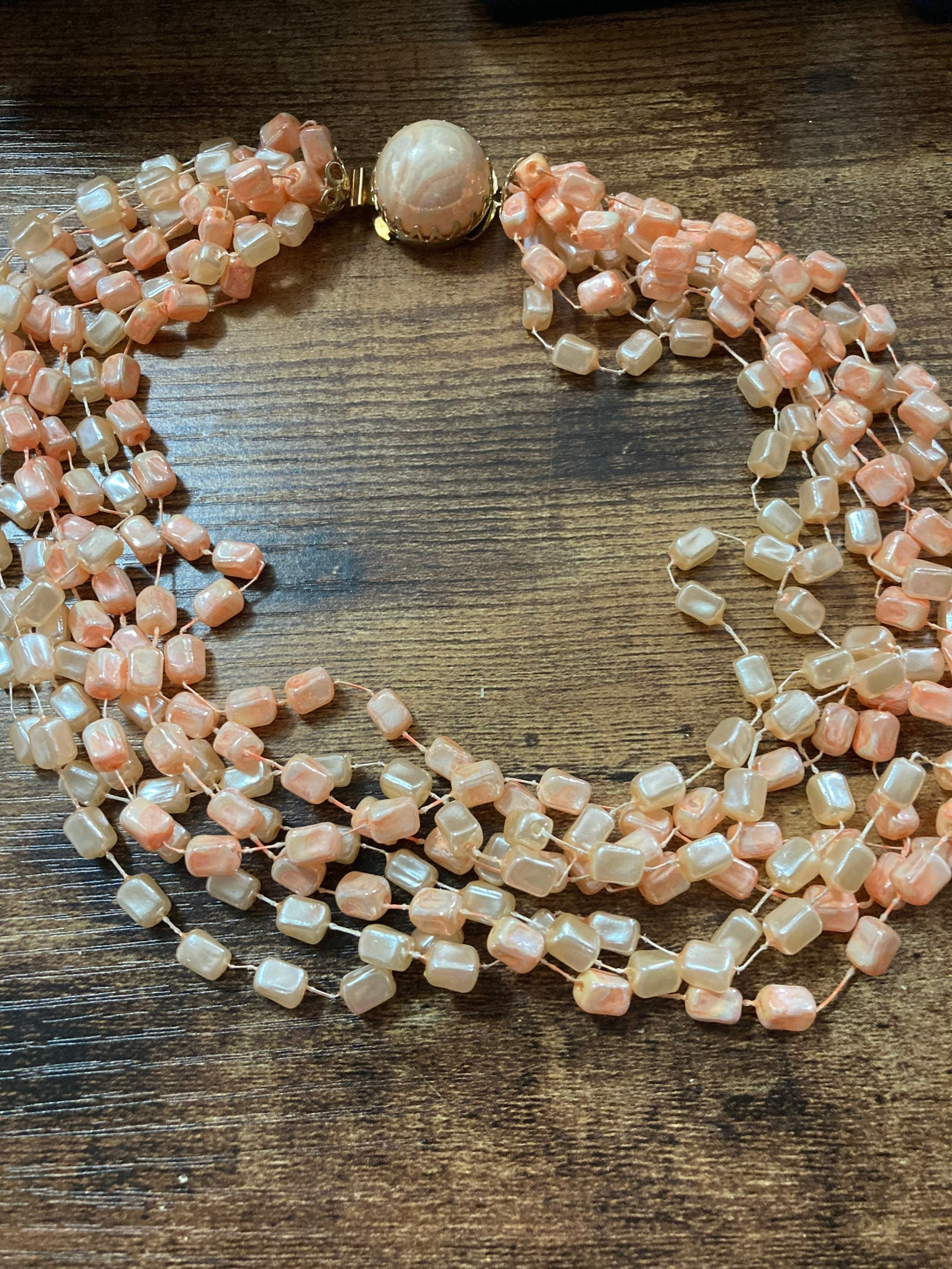 Mid century orange peach pink faux pearl square plastic beaded multi strand choker necklace