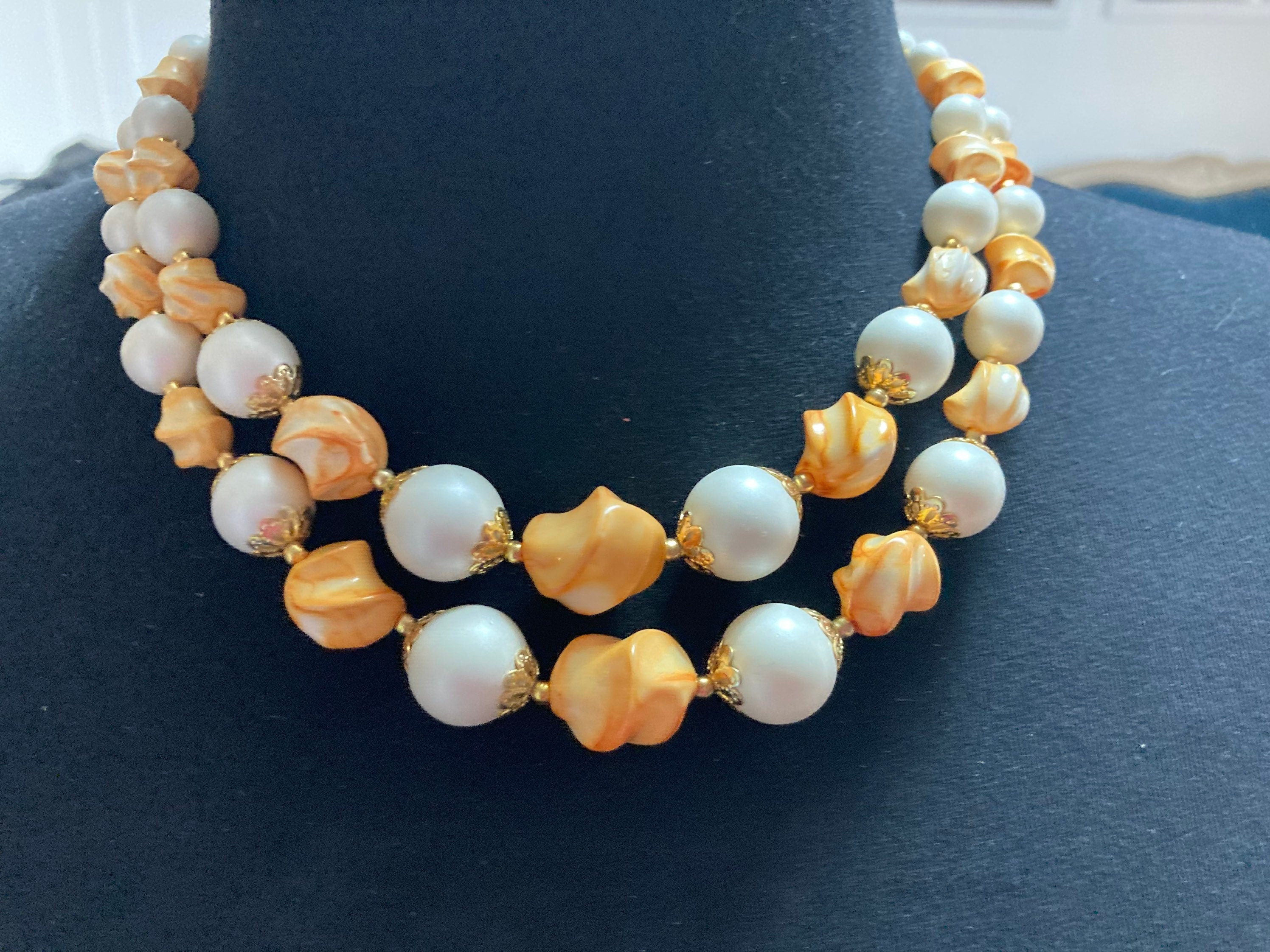 plastic beaded multi strand choker necklace, Mid century orange peach white