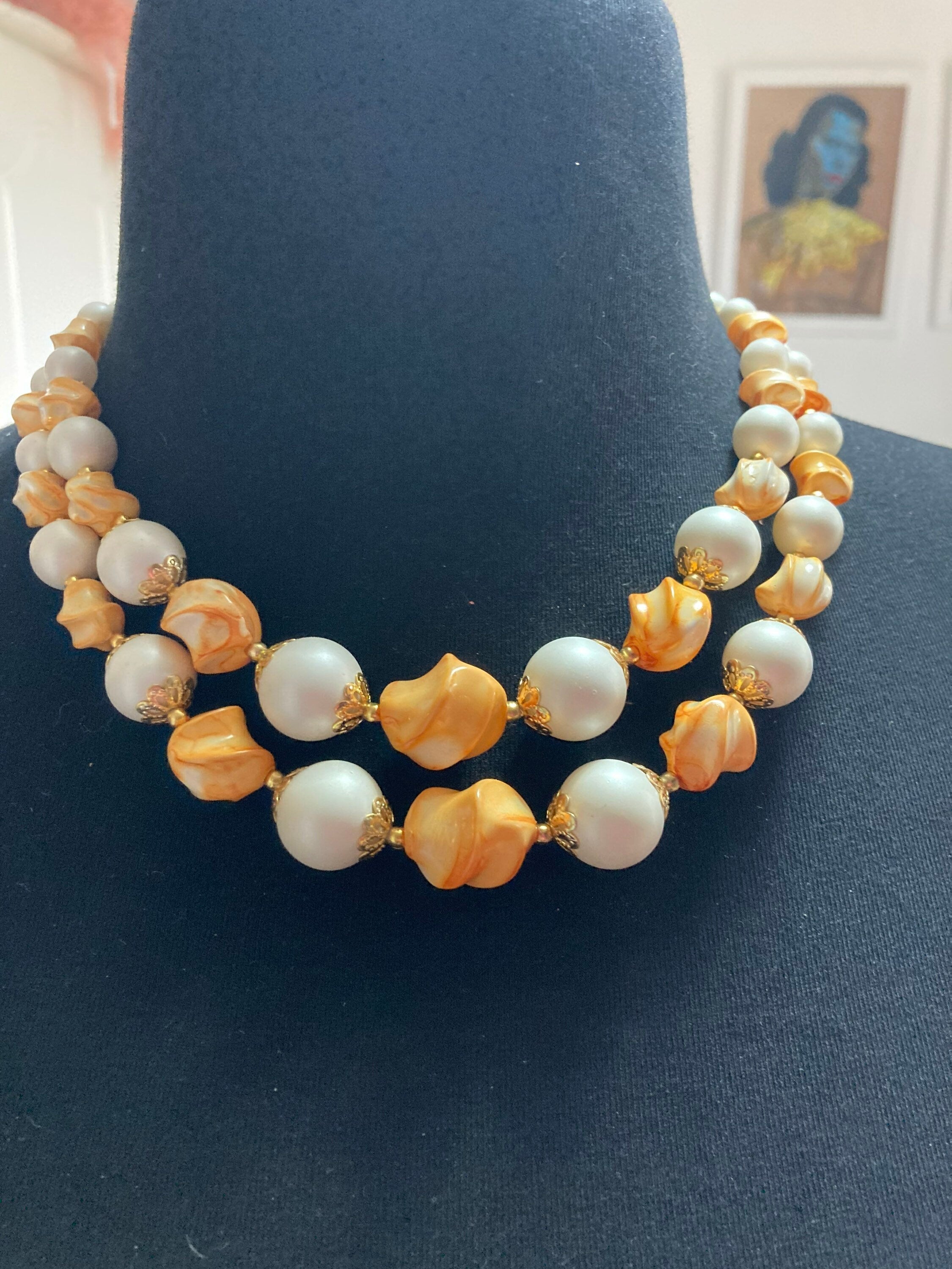 plastic beaded multi strand choker necklace, Mid century orange peach white