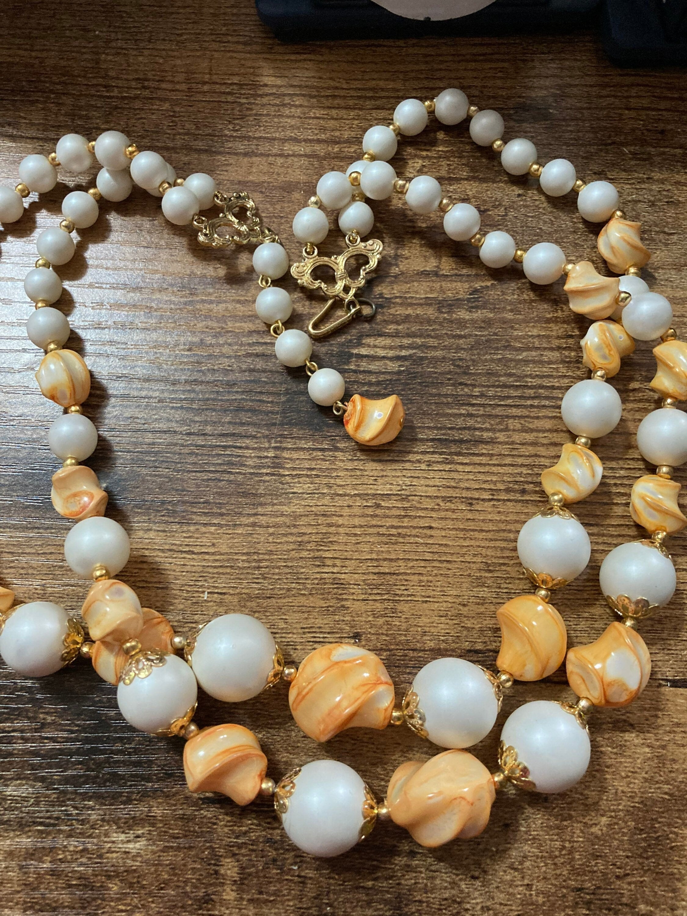 plastic beaded multi strand choker necklace, Mid century orange peach white