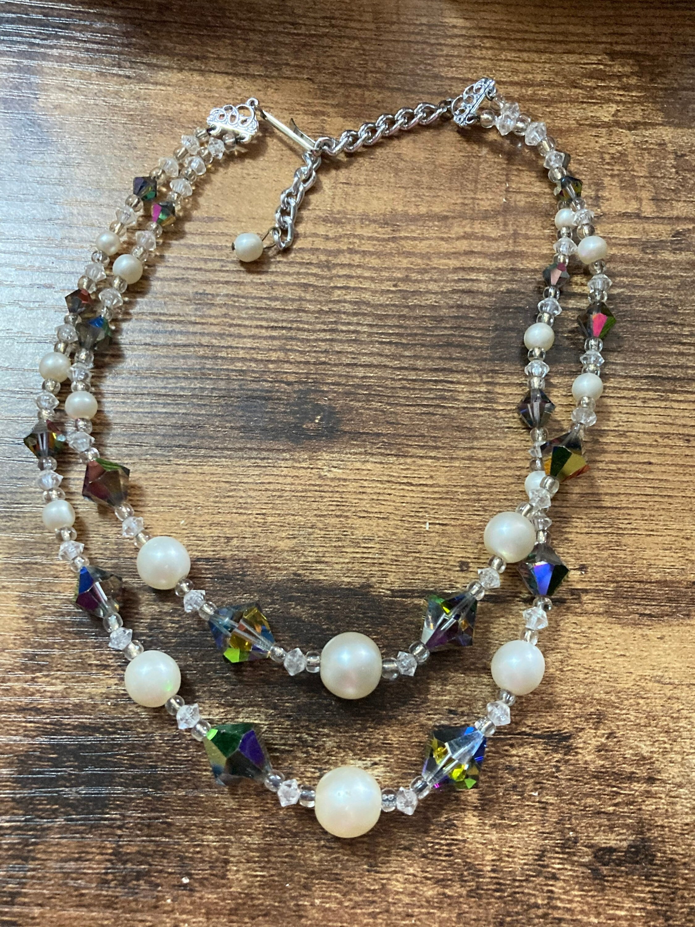 Mid Century Faux Pearl Choker: Rainbow Glass Necklace