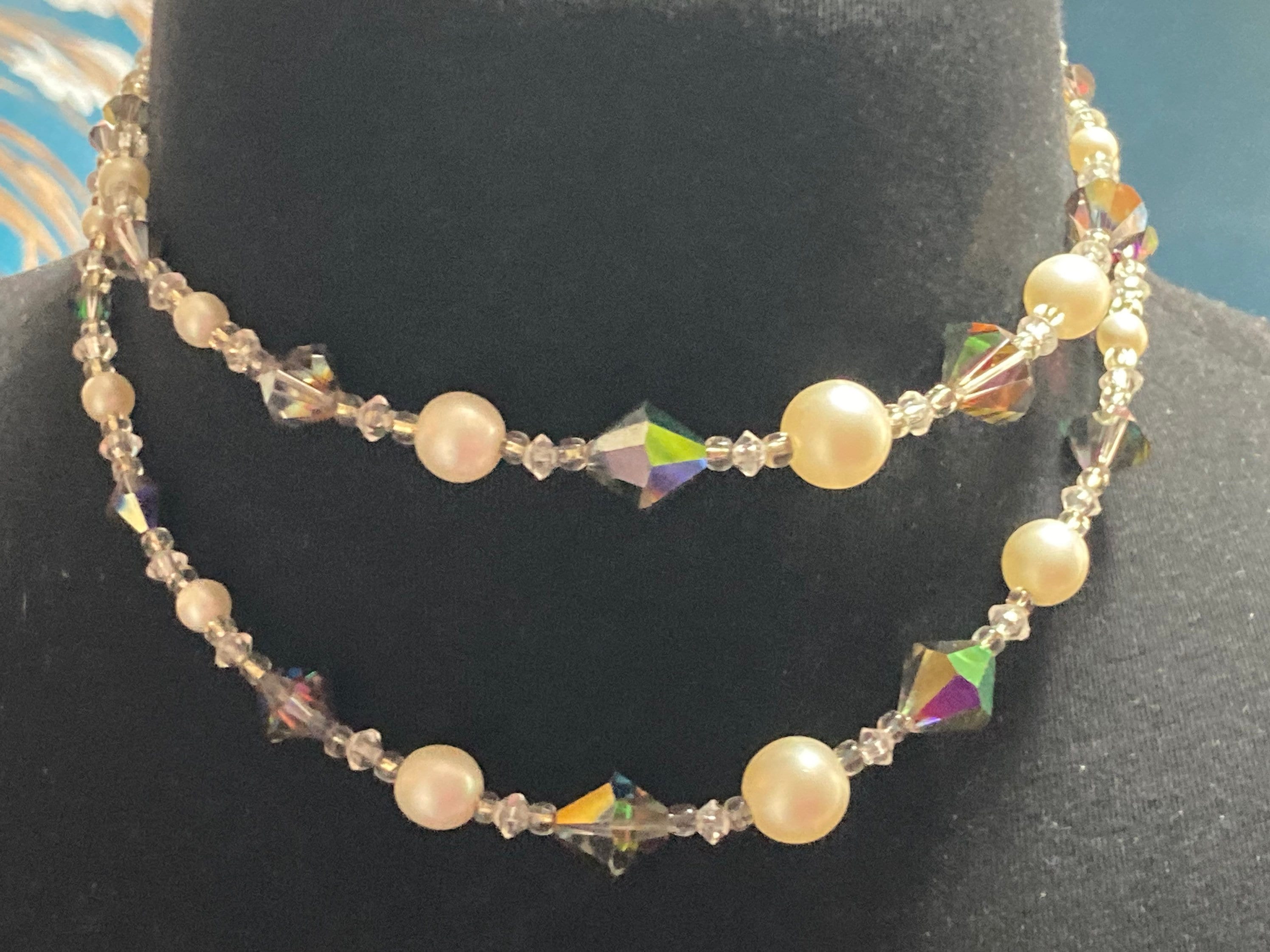 Mid Century Faux Pearl Choker: Rainbow Glass Necklace