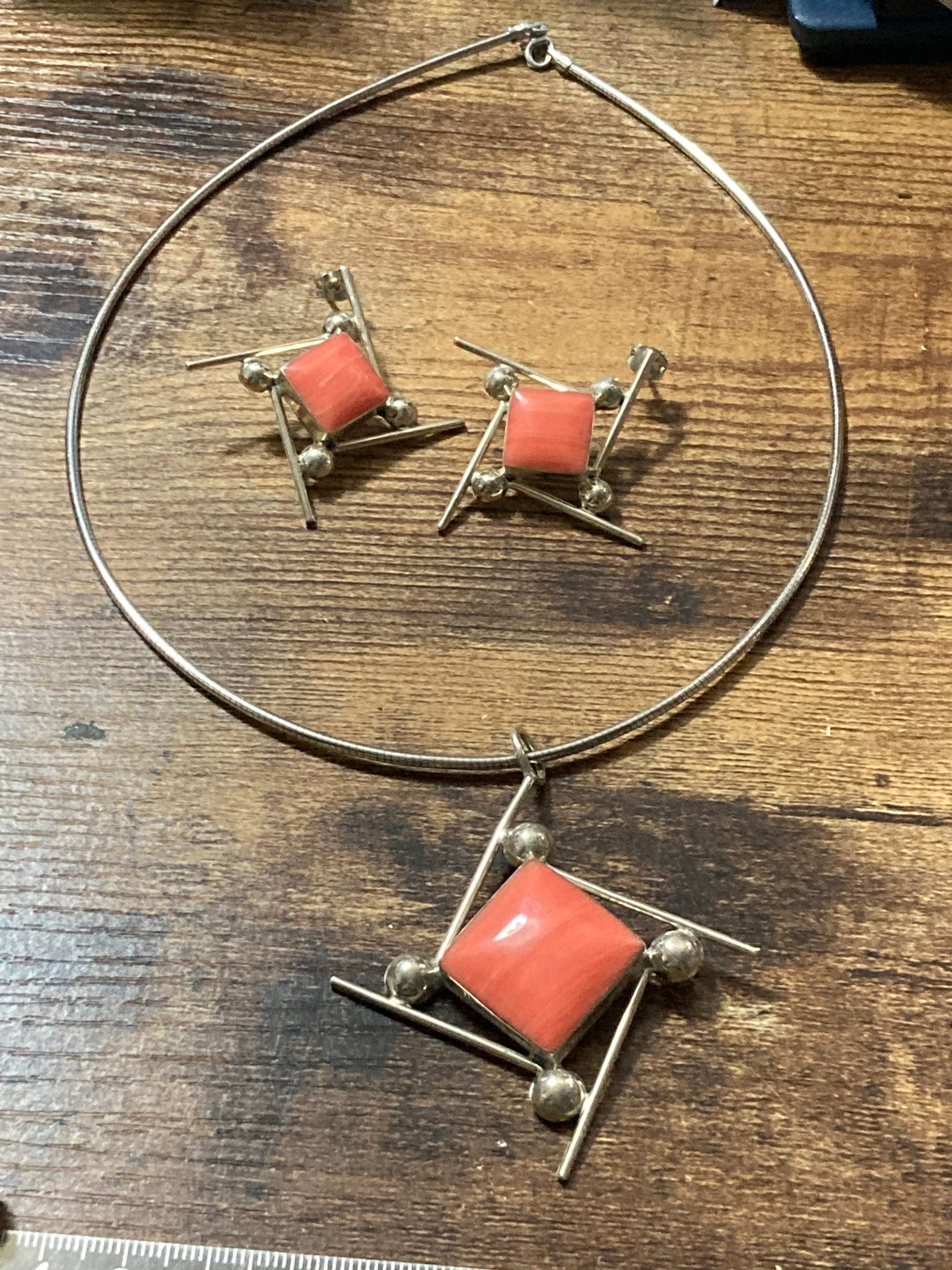 Sterling Silver Modernist Coral Ceramic Jewellery Set