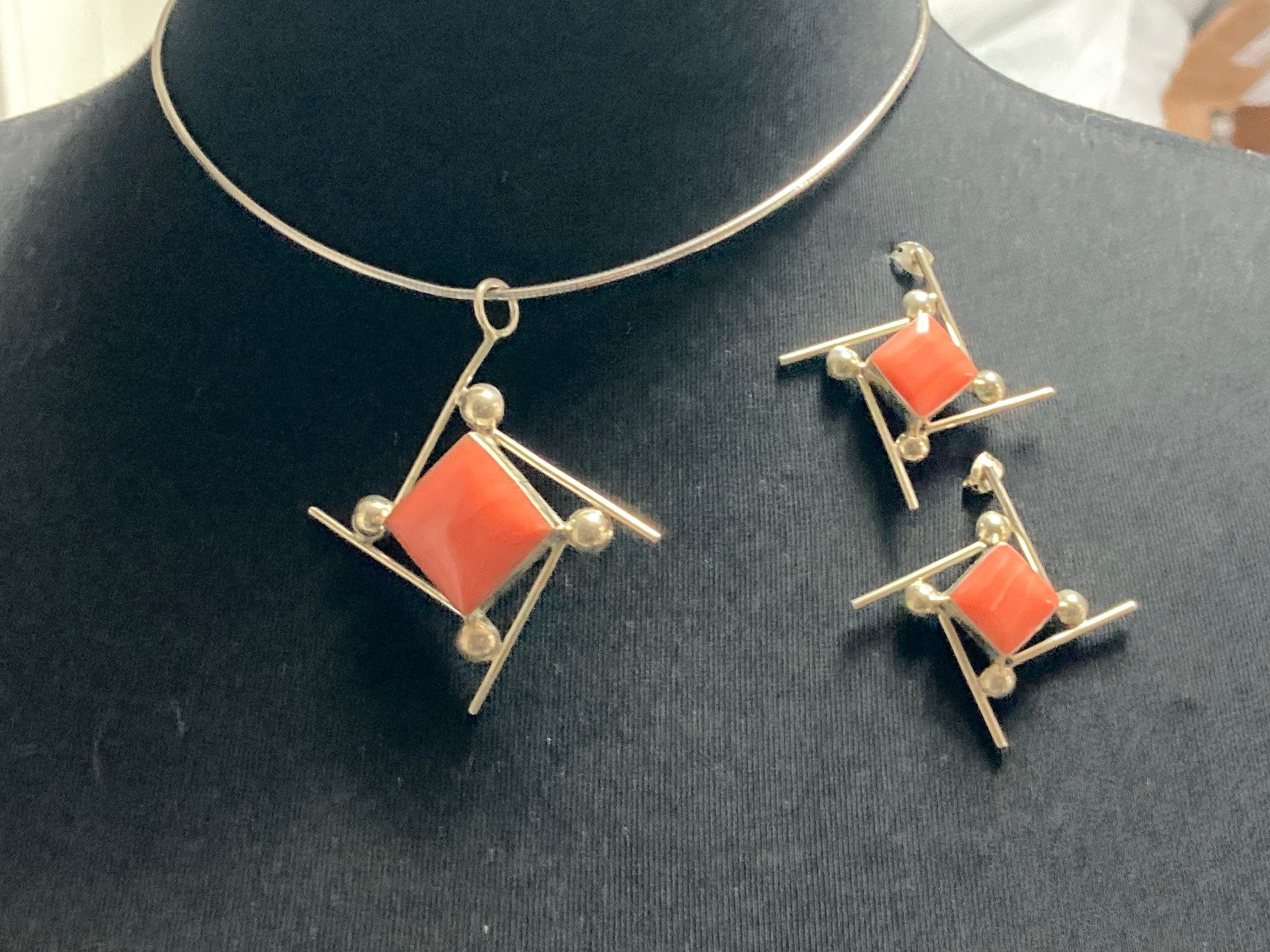 Sterling Silver Modernist Coral Ceramic Jewellery Set