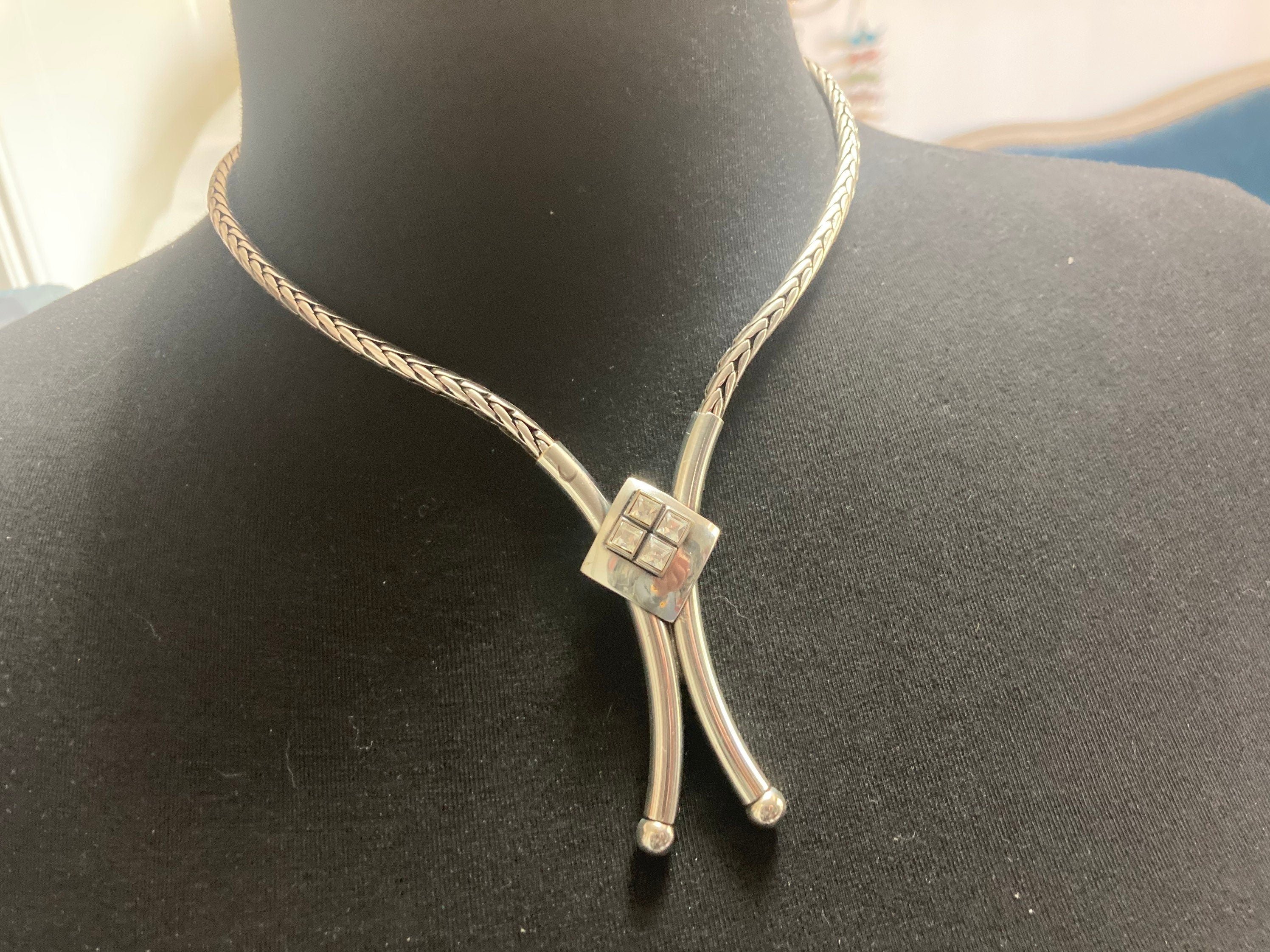 Signed BULATTI modernist designer diamanté lariat necklace and matching clip on earrings jewellery set