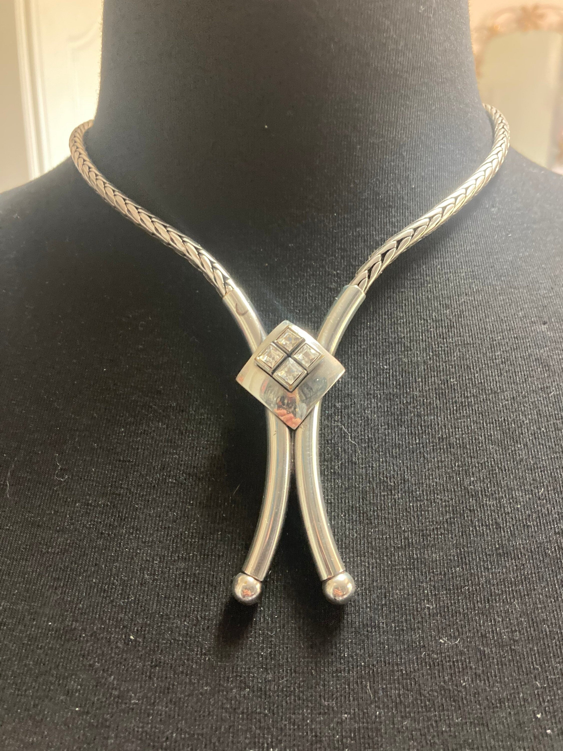 Signed BULATTI modernist designer diamanté lariat necklace and matching clip on earrings jewellery set