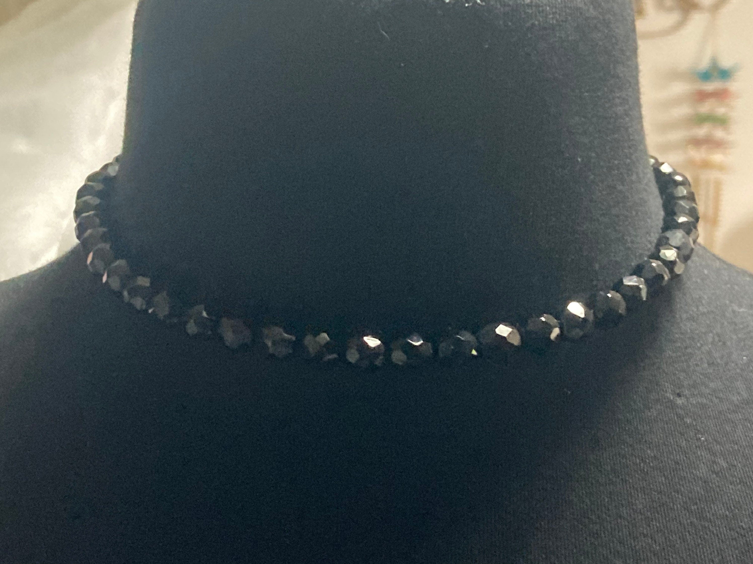 Vintage Black Crystal beaded choker necklace 40cm 16”