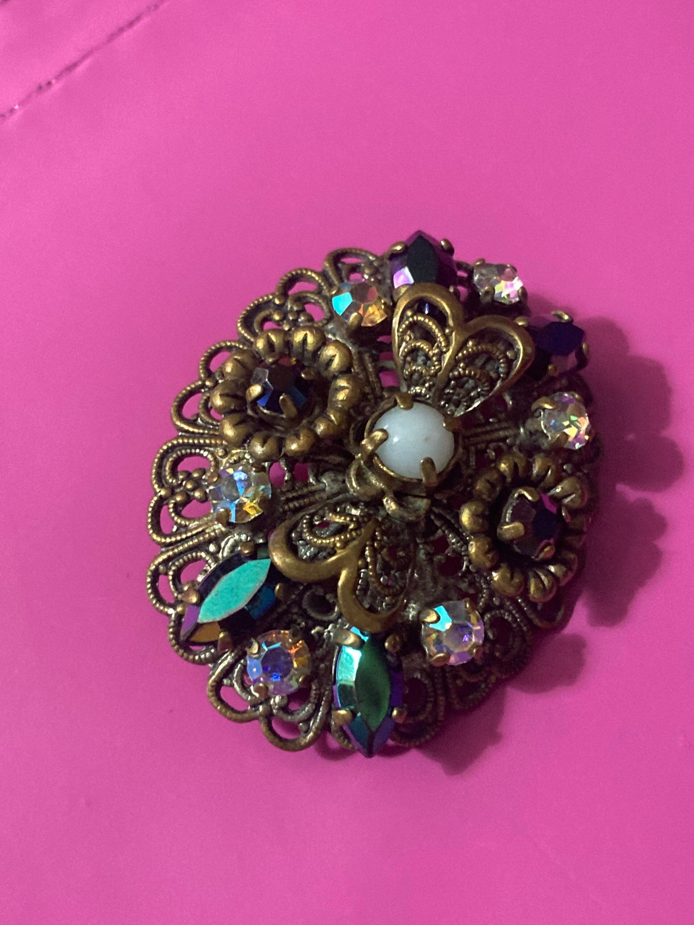 vintage Czech brass filigree AB rhinestone diamanté brooch