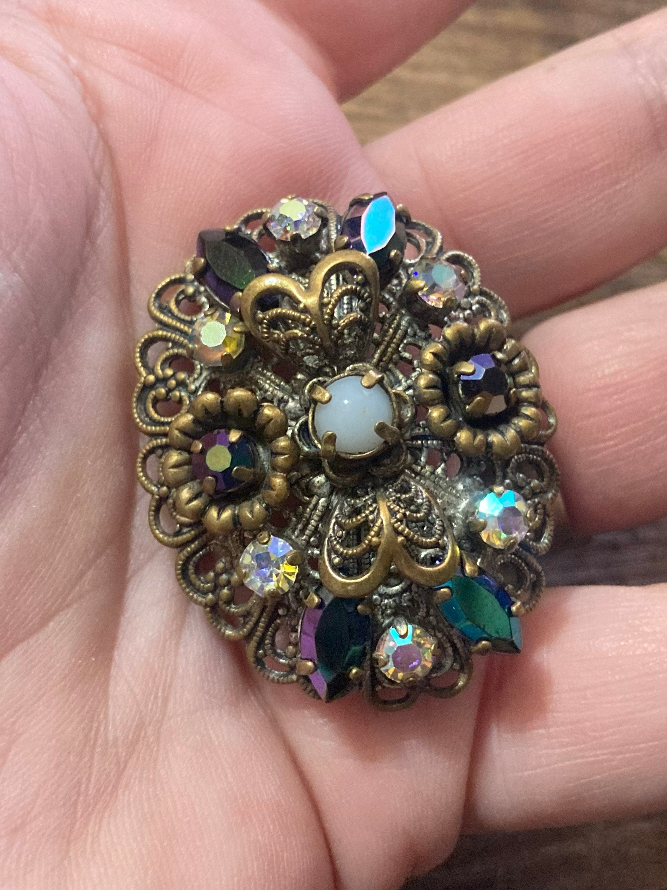 vintage Czech brass filigree AB rhinestone diamanté brooch