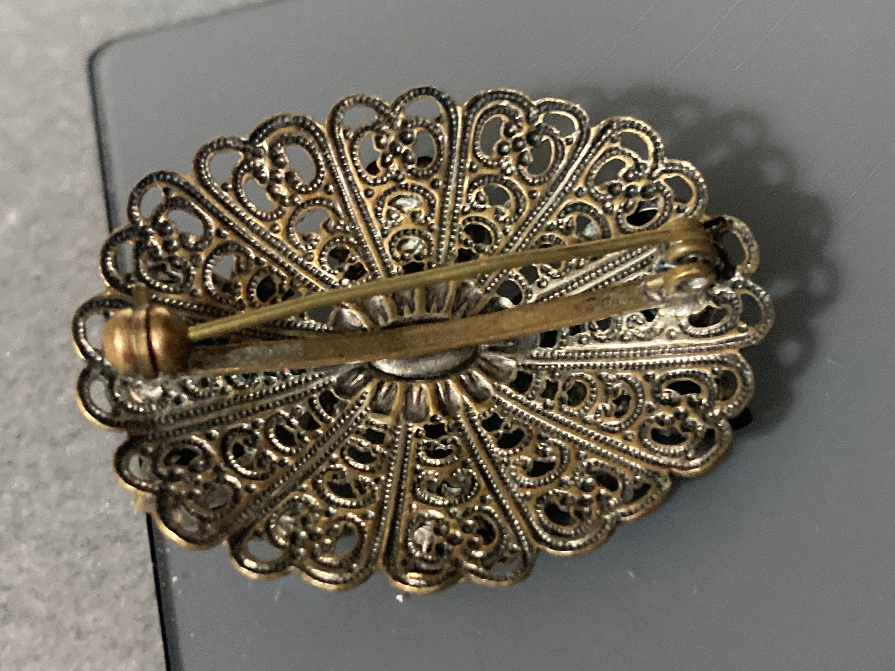 vintage Czech brass filigree AB rhinestone diamanté brooch