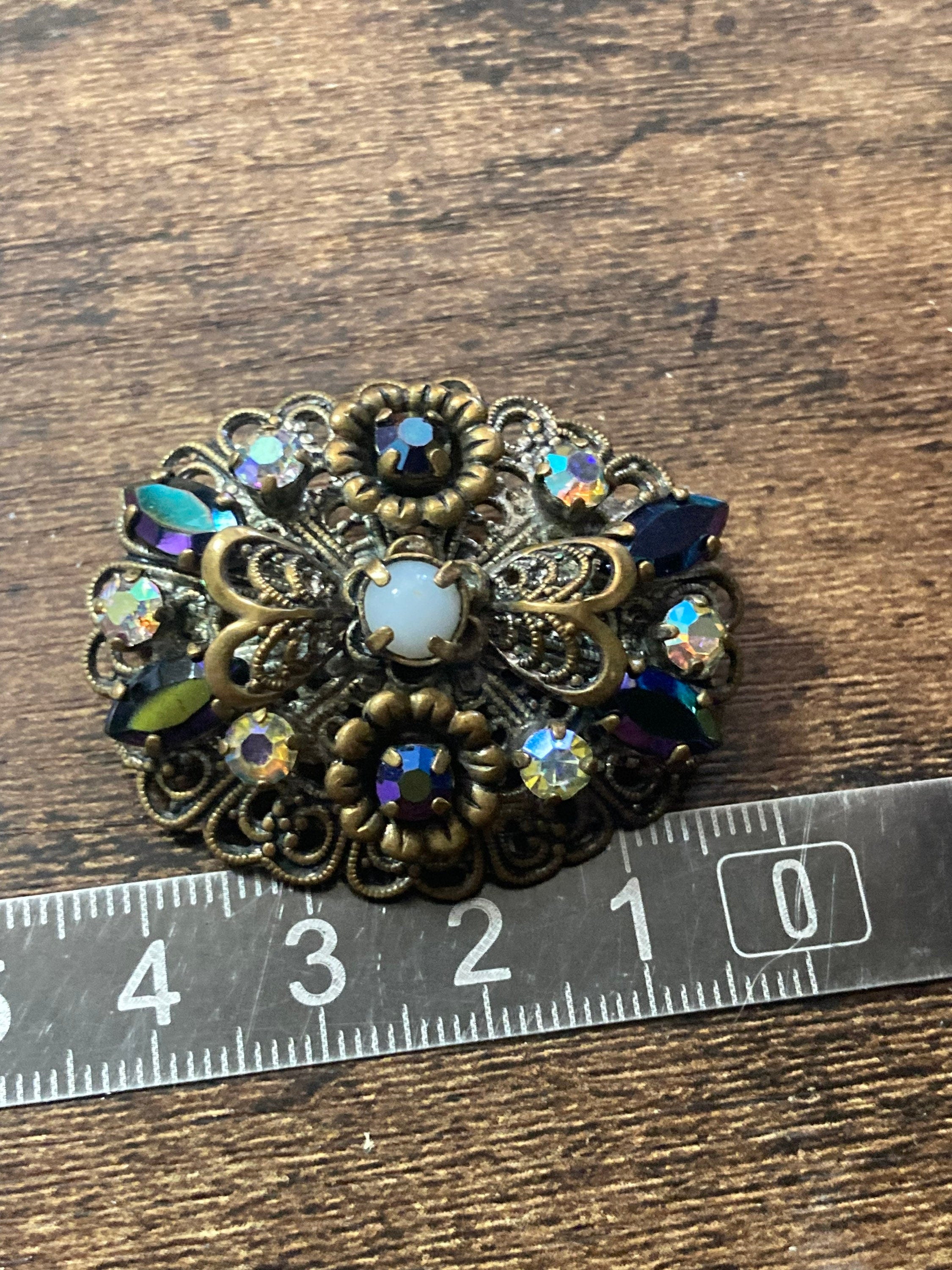 vintage Czech brass filigree AB rhinestone diamanté brooch
