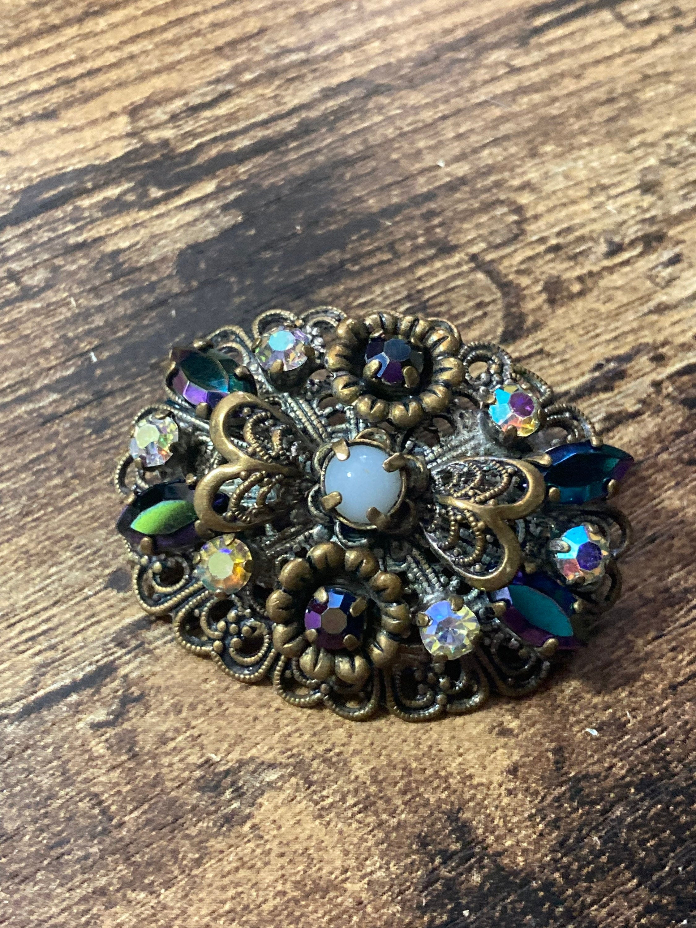 vintage Czech brass filigree AB rhinestone diamanté brooch