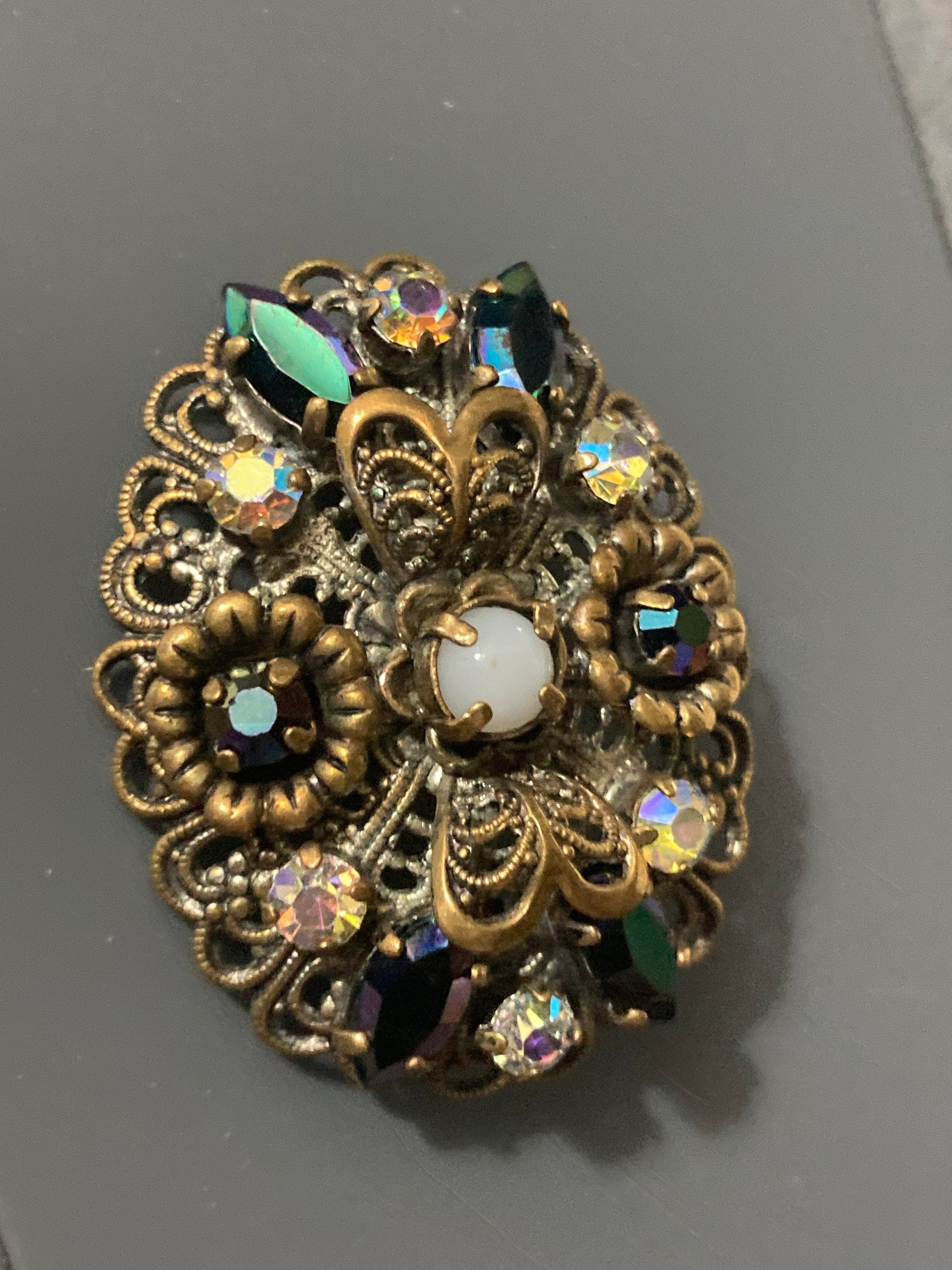 vintage Czech brass filigree AB rhinestone diamanté brooch