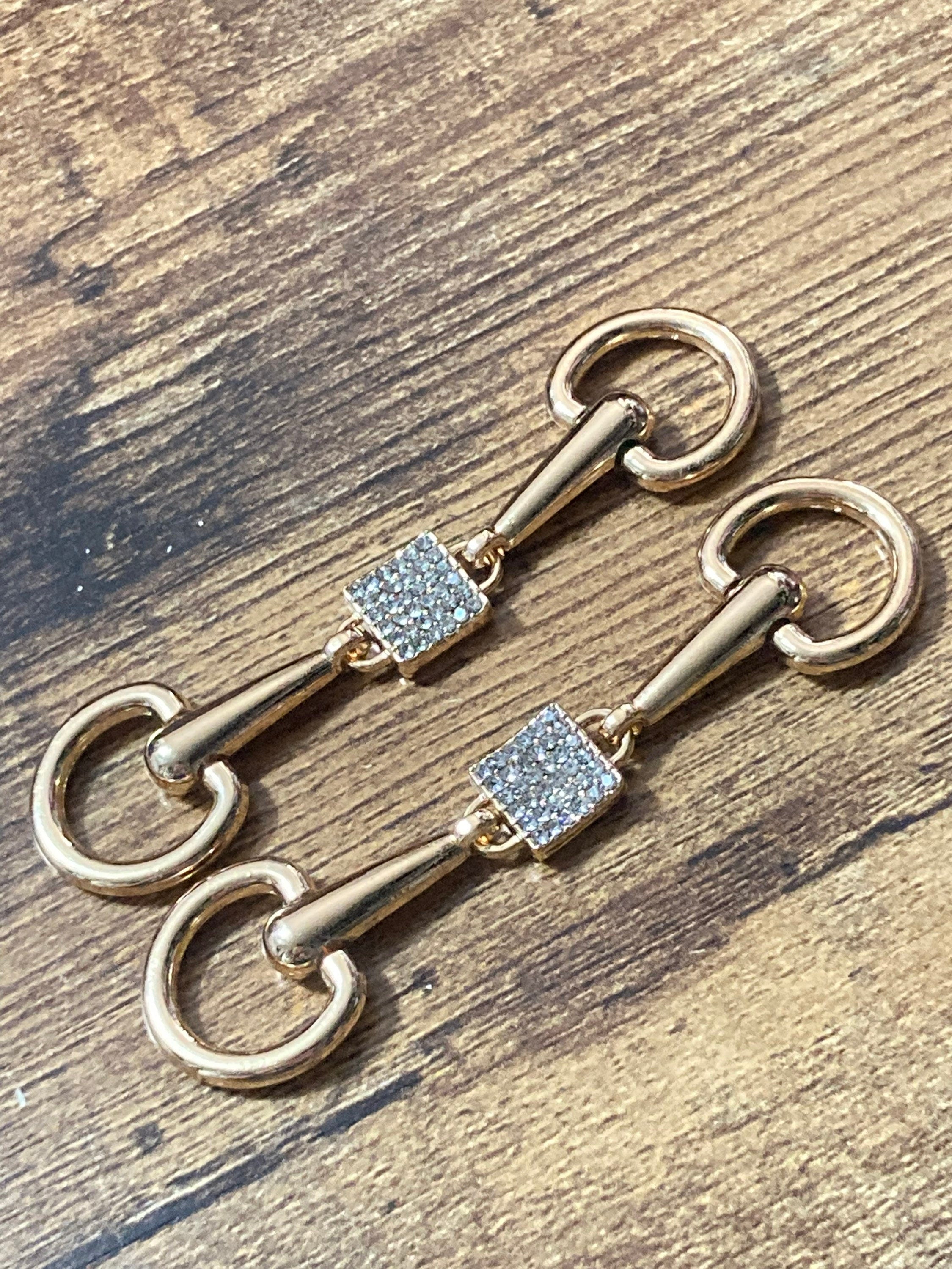 Pair of sew on clear diamanté gold tone snaffle horse bit shoe buckles embellishments