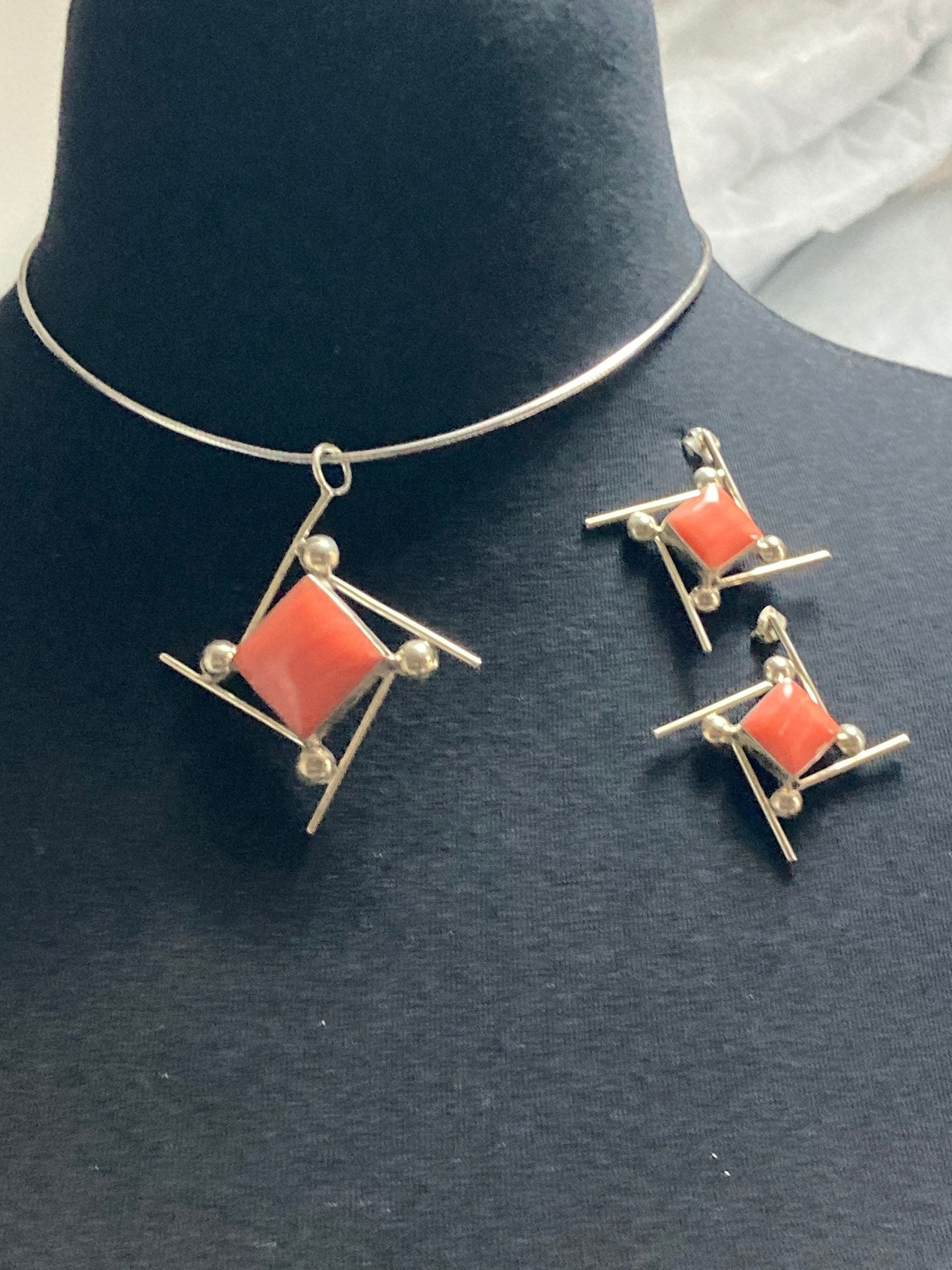 Sterling Silver Modernist Coral Ceramic Jewellery Set