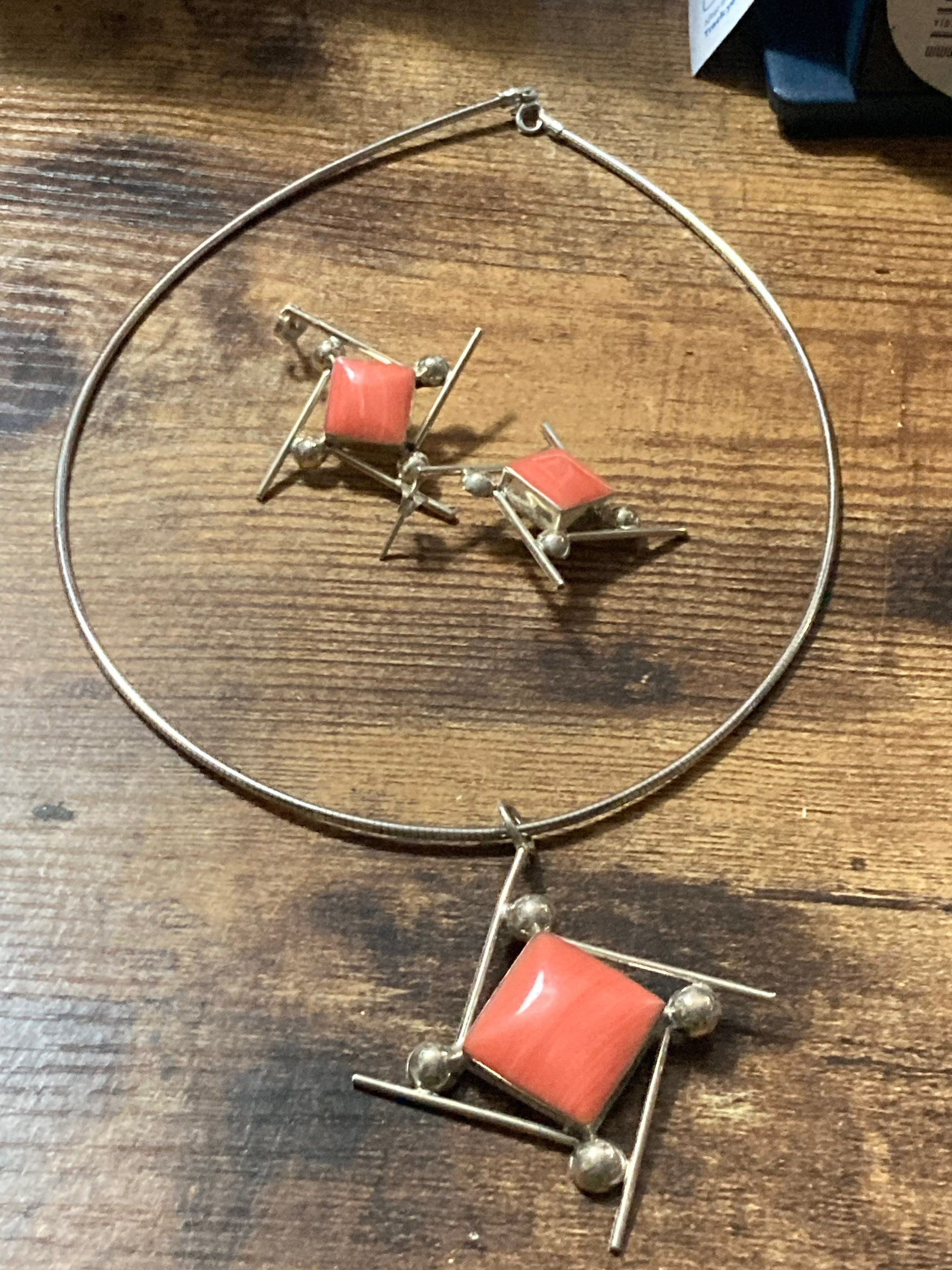 Sterling Silver Modernist Coral Ceramic Jewellery Set