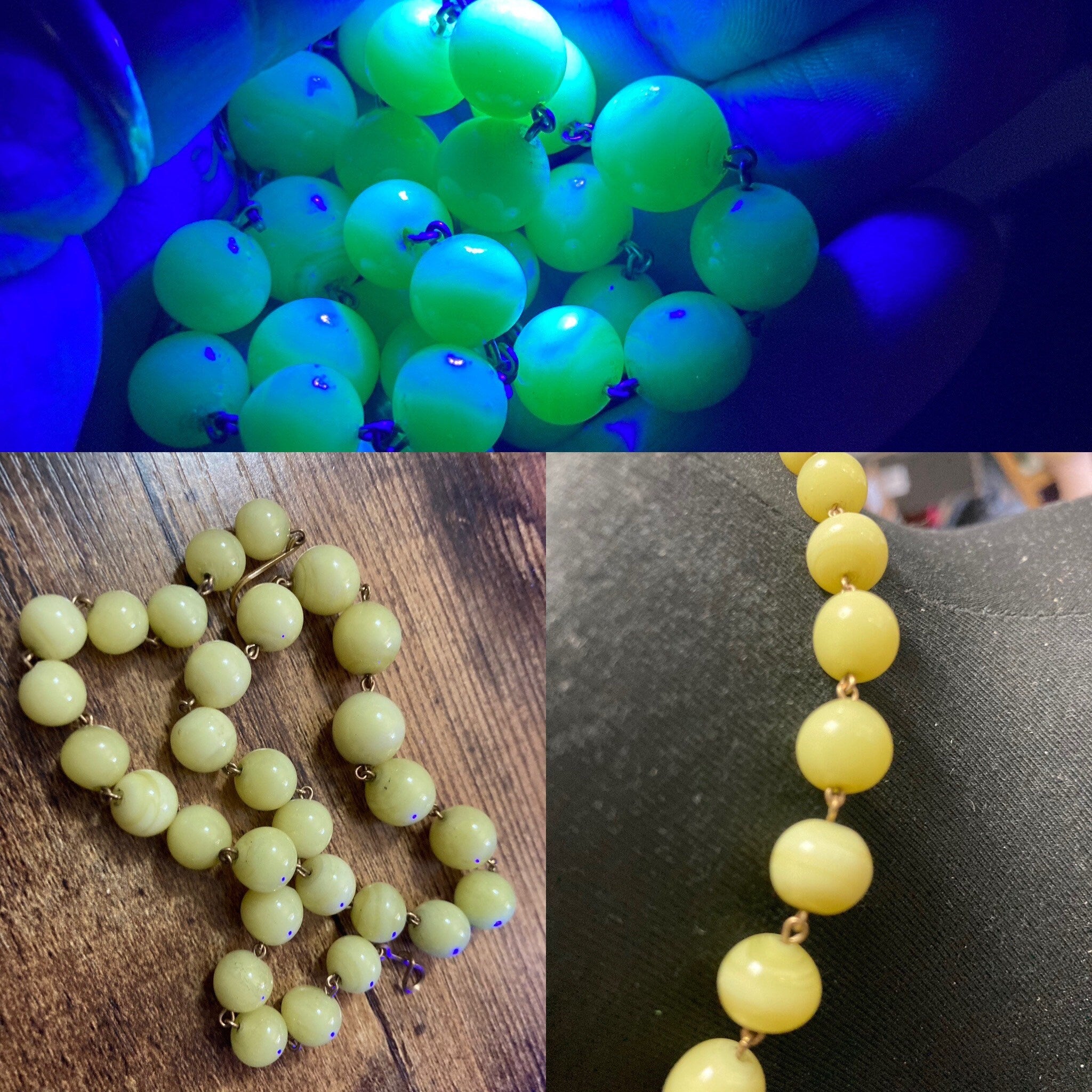 True vintage Art deco Czech lemon yellow Uranium UV glass beaded necklace 39cm