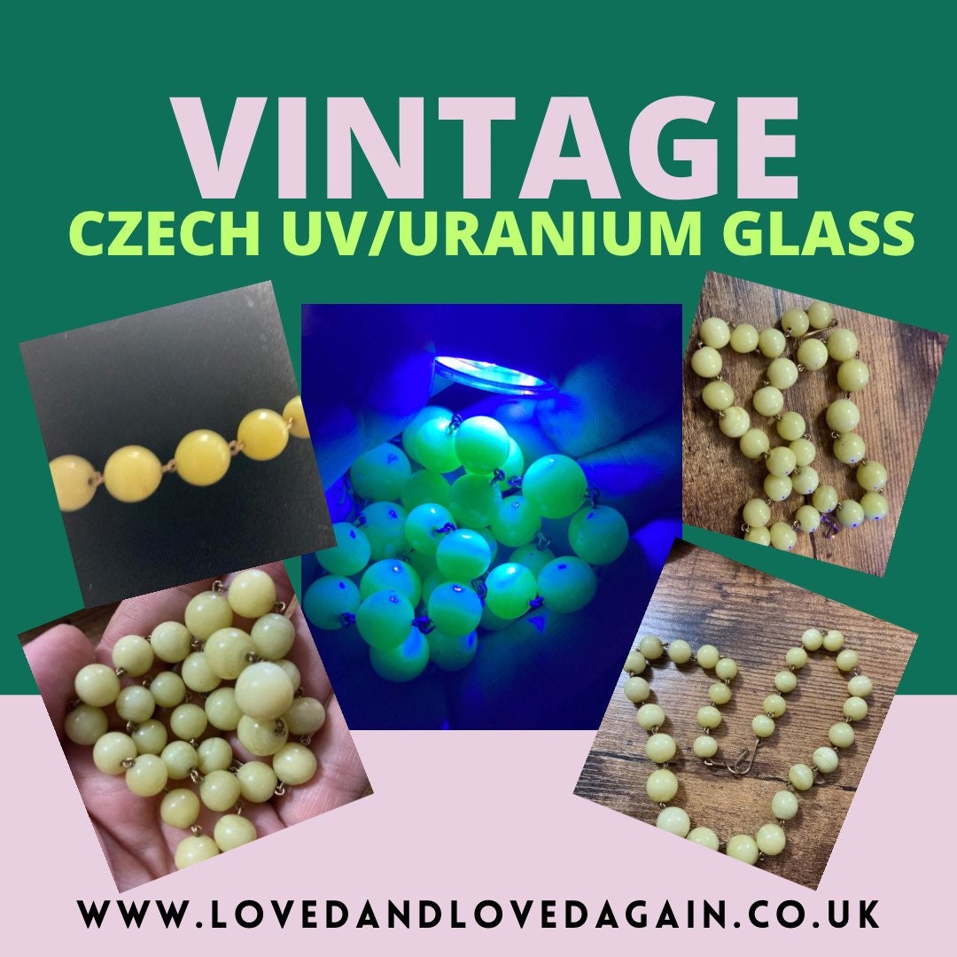 True vintage Art deco Czech lemon yellow Uranium UV glass beaded necklace 39cm
