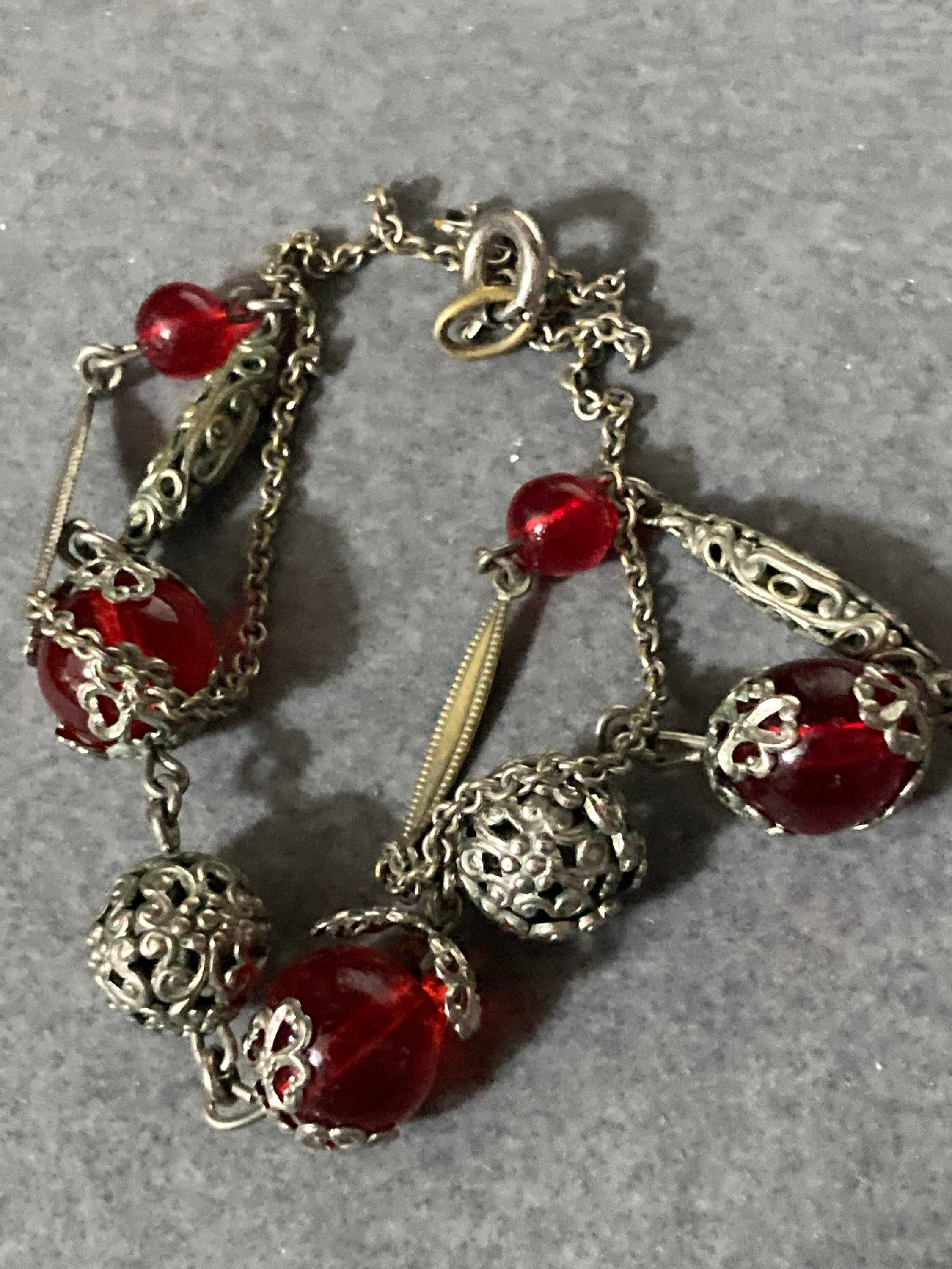 Czech silver filigree red glass beaded necklace 1920s art deco