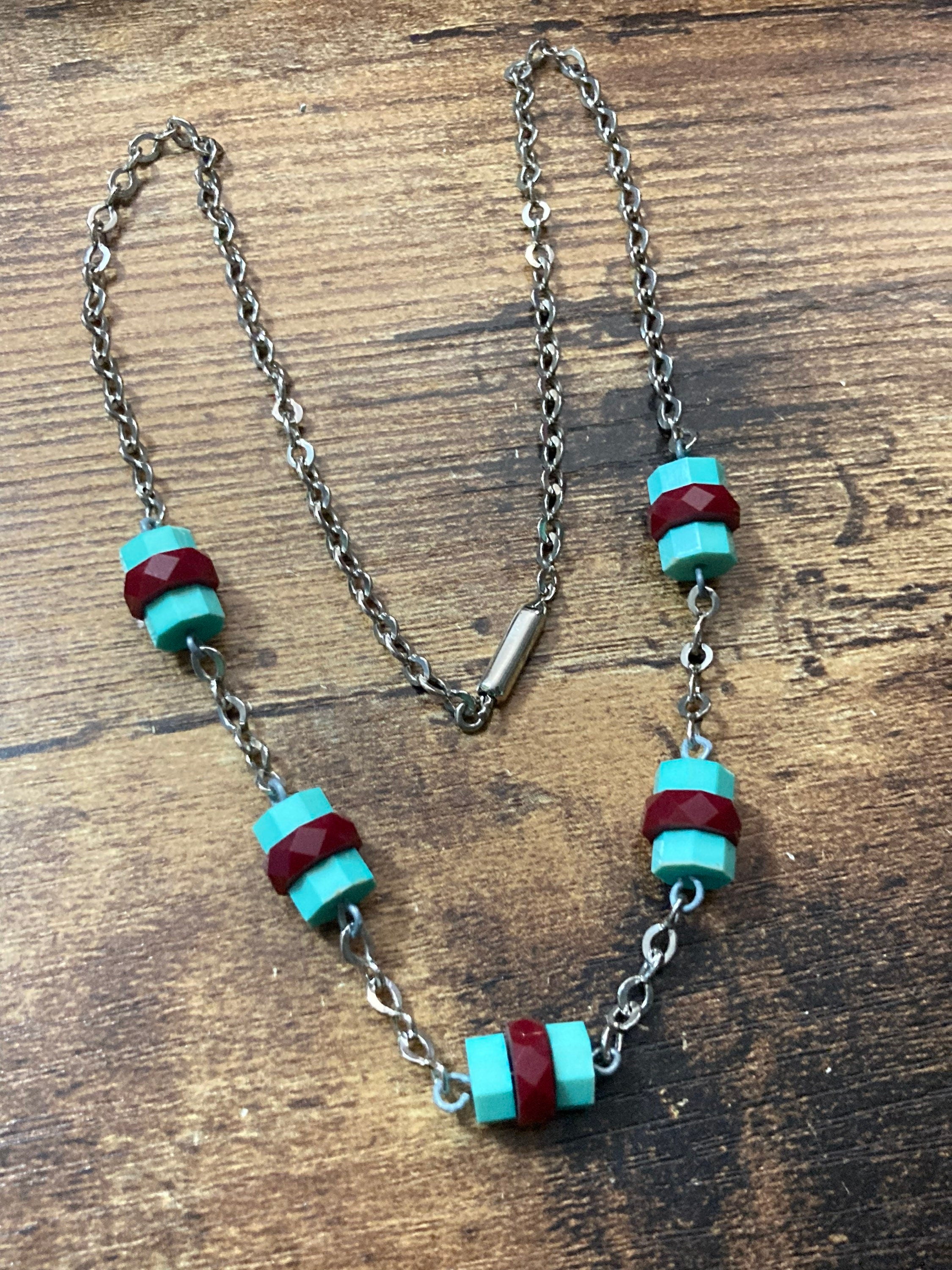 Vintage Art Deco necklace with galalith period carmine red and turquoise rondelle beads old shop stock
