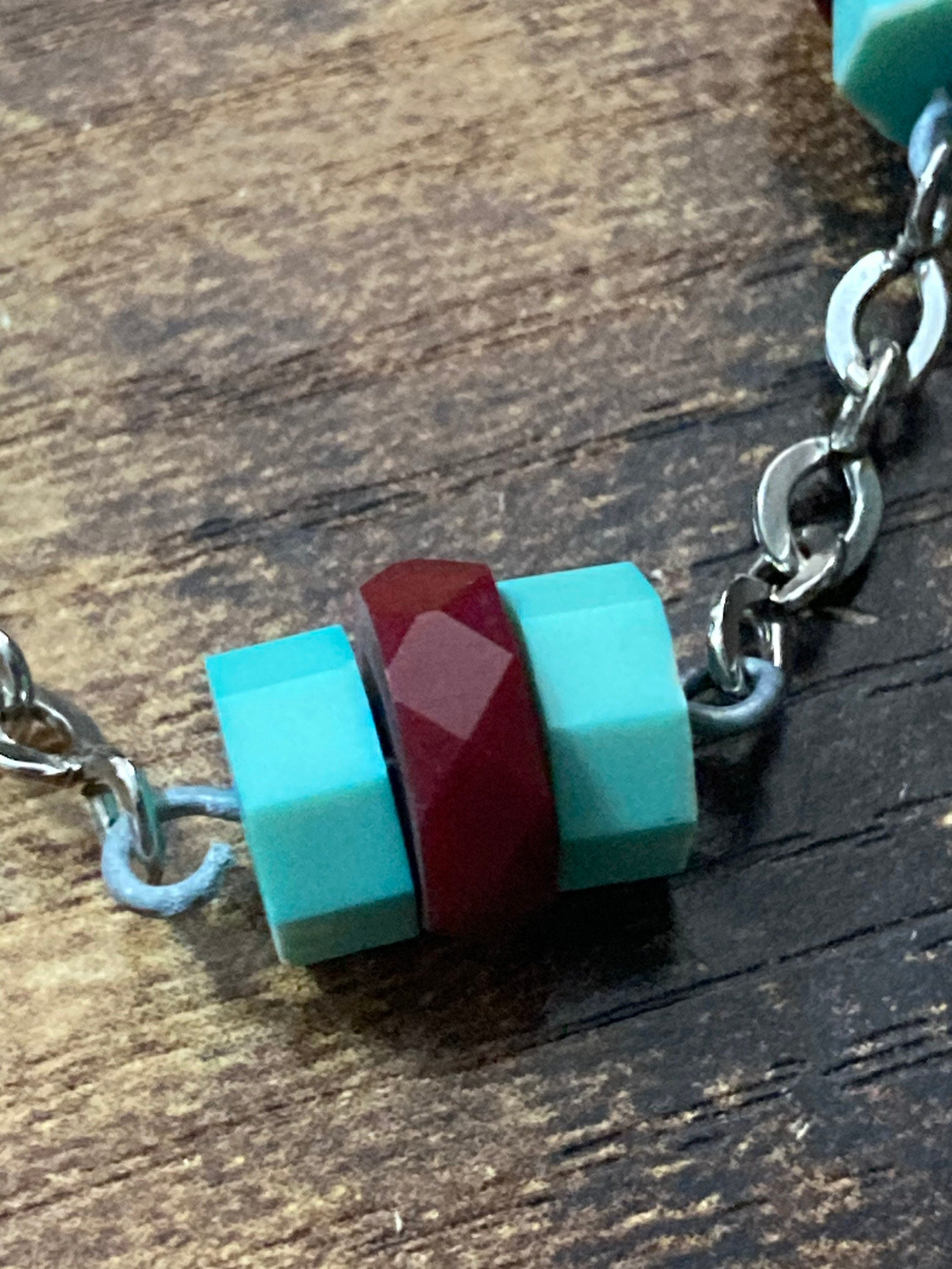 Vintage Art Deco necklace with galalith period carmine red and turquoise rondelle beads old shop stock