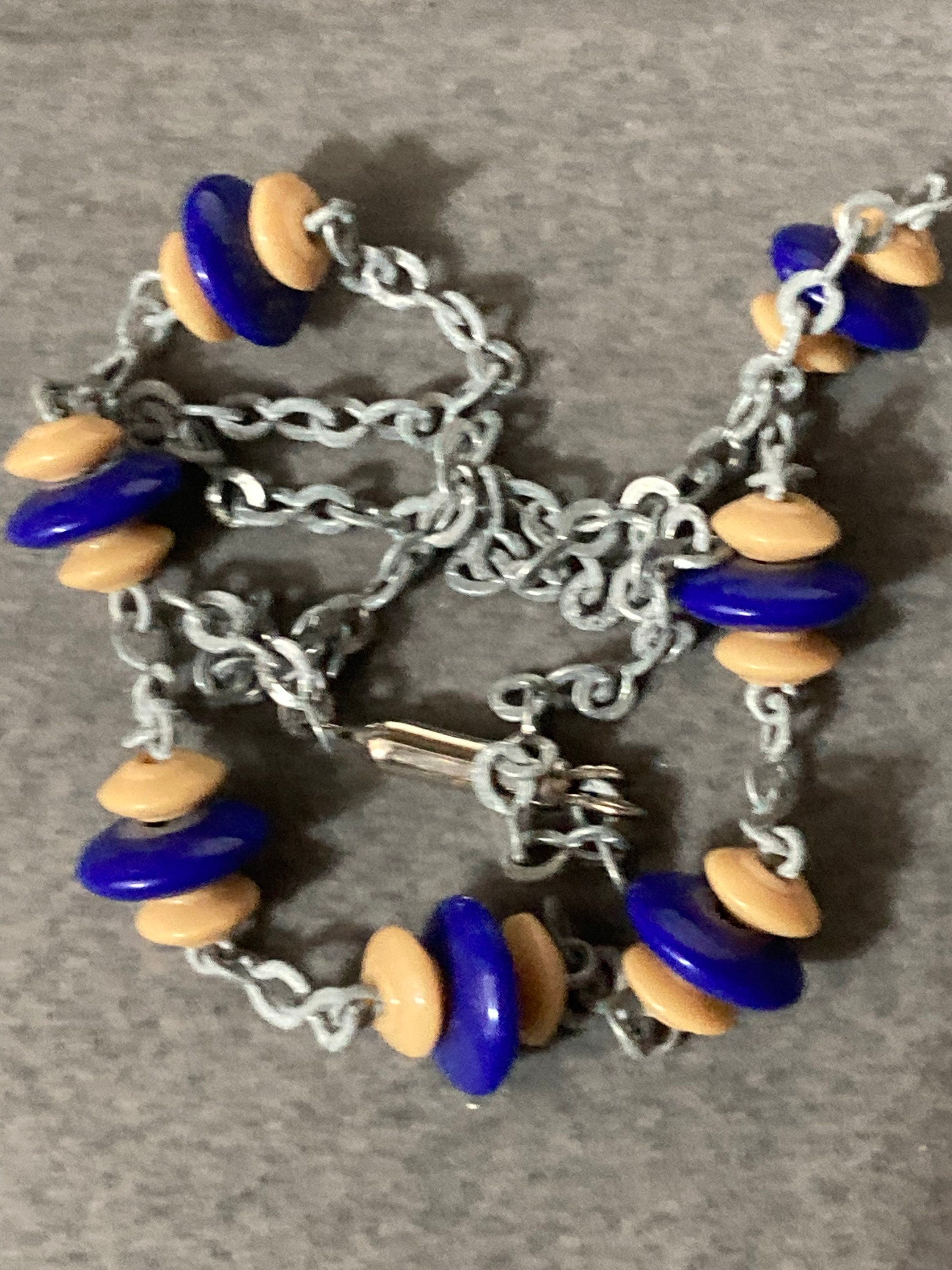 Vintage Art Deco Galalith Necklace, Blue Beige Rondelle Beads