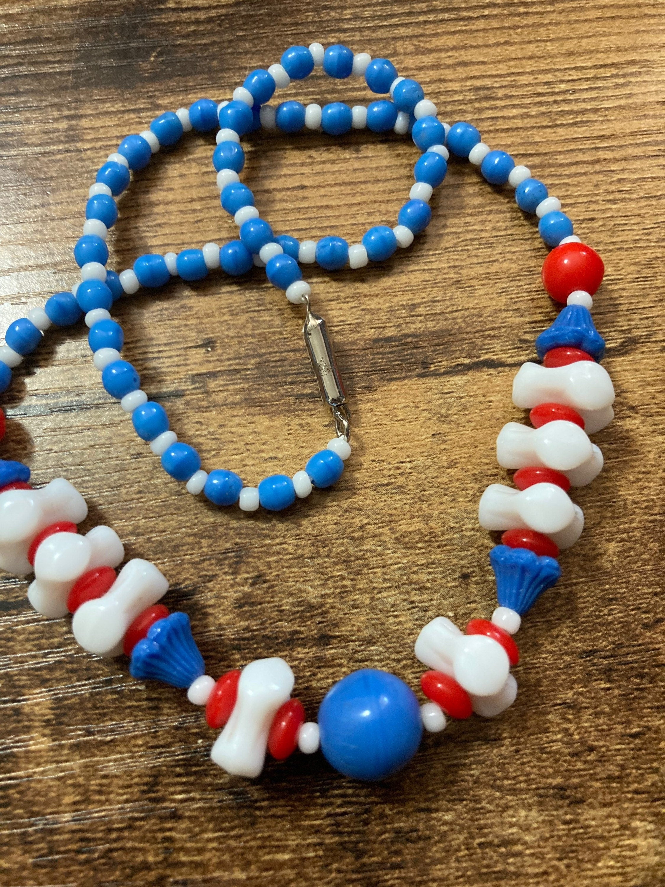 Vintage Czech Glass Beaded Necklace, Red White and Blue, 1940s