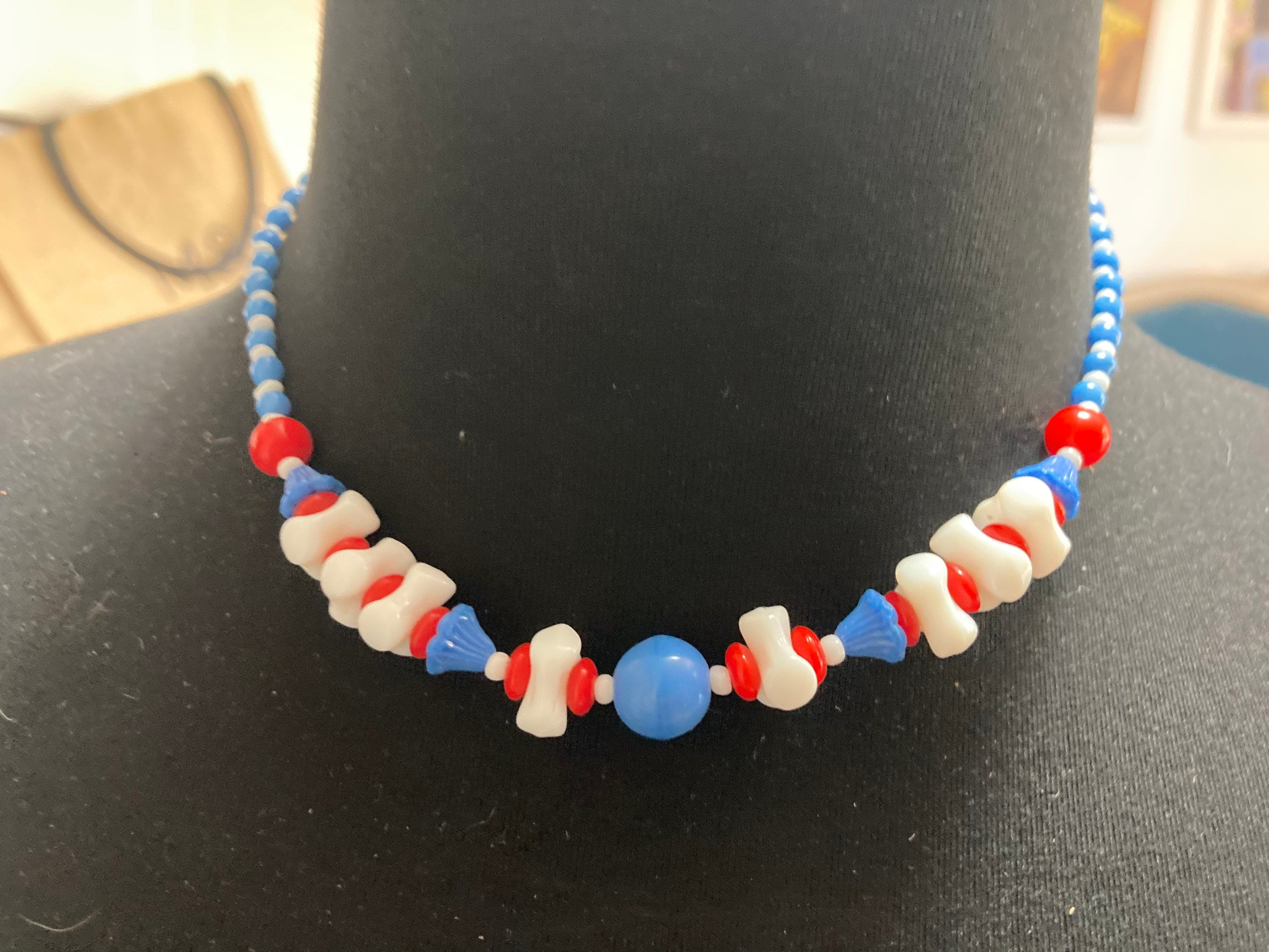 Vintage Czech Glass Beaded Necklace, Red White and Blue, 1940s