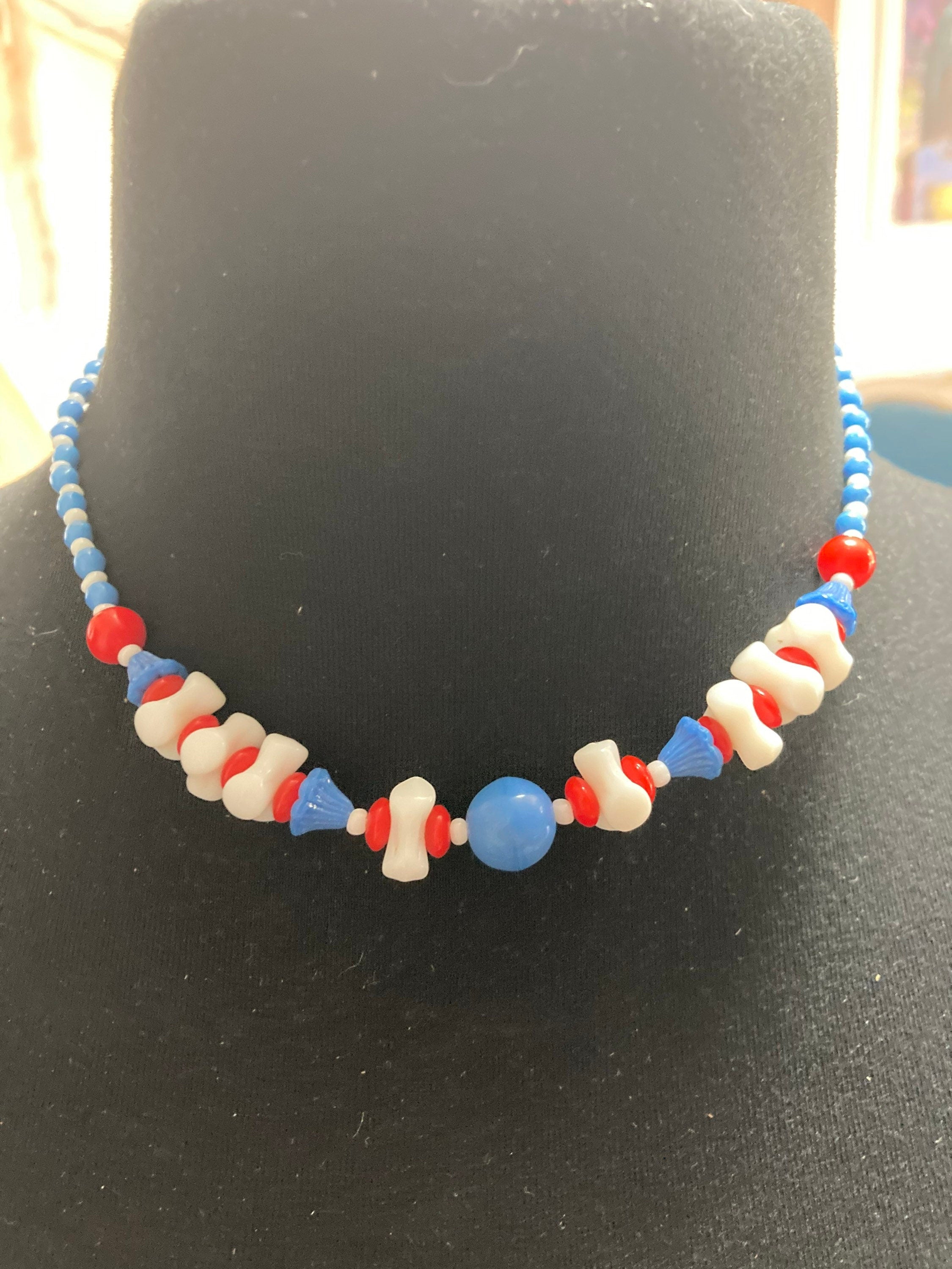 Vintage Czech Glass Beaded Necklace, Red White and Blue, 1940s