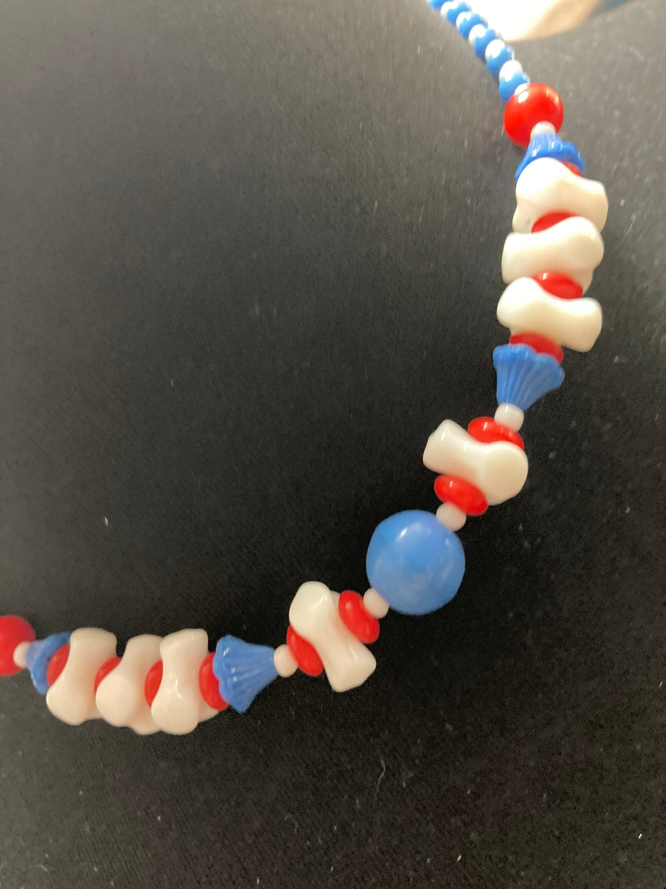 Vintage Czech Glass Beaded Necklace, Red White and Blue, 1940s
